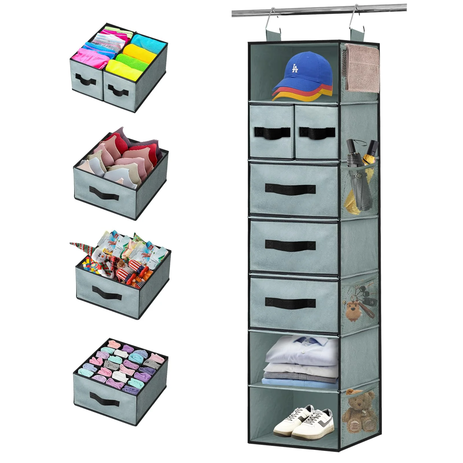 VERONLY 7-Shelf Hanging Closet Organizer with 5 Drawers, Grey Storage NEW