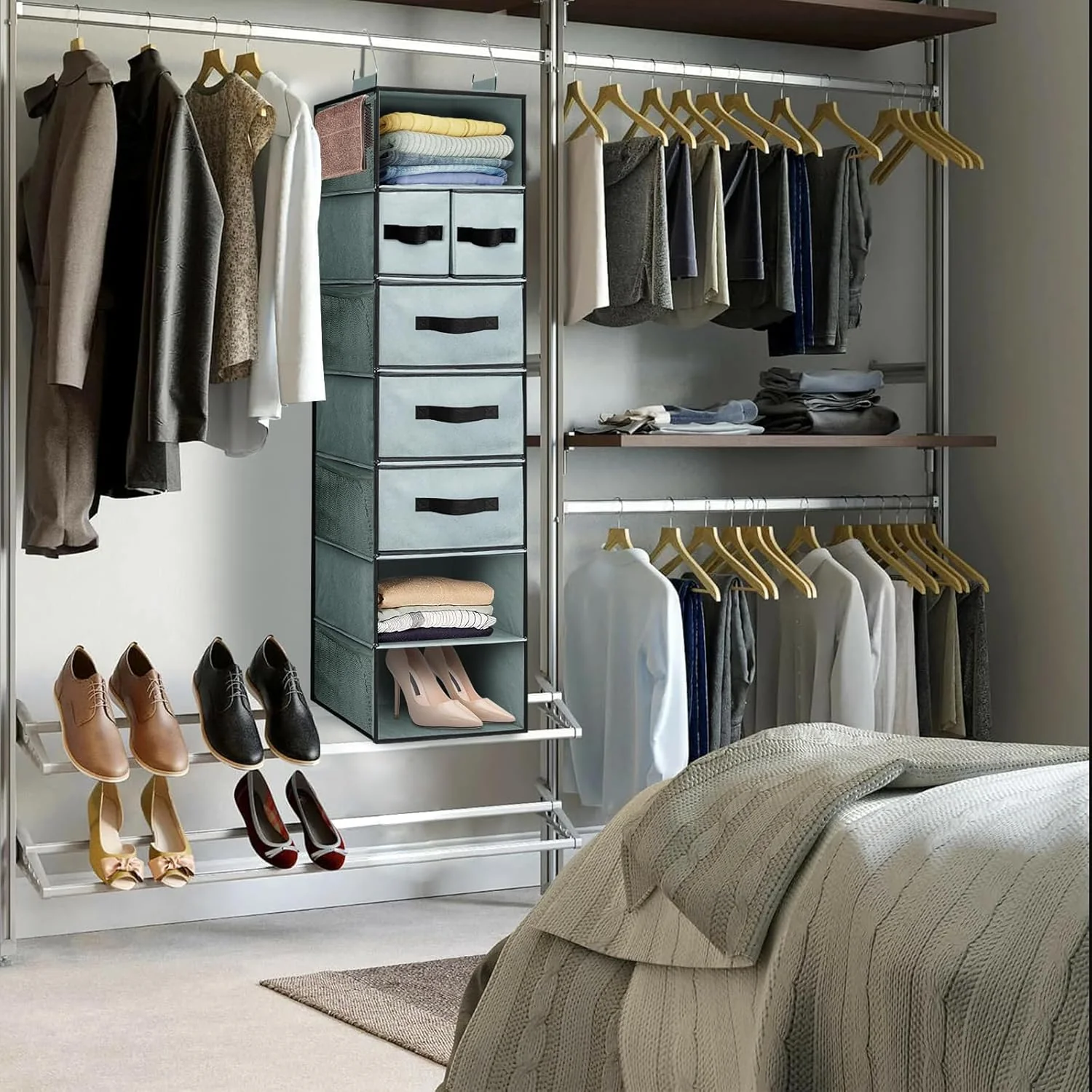 VERONLY 7-Shelf Hanging Closet Organizer with 5 Drawers, Grey Storage NEW - Image 4