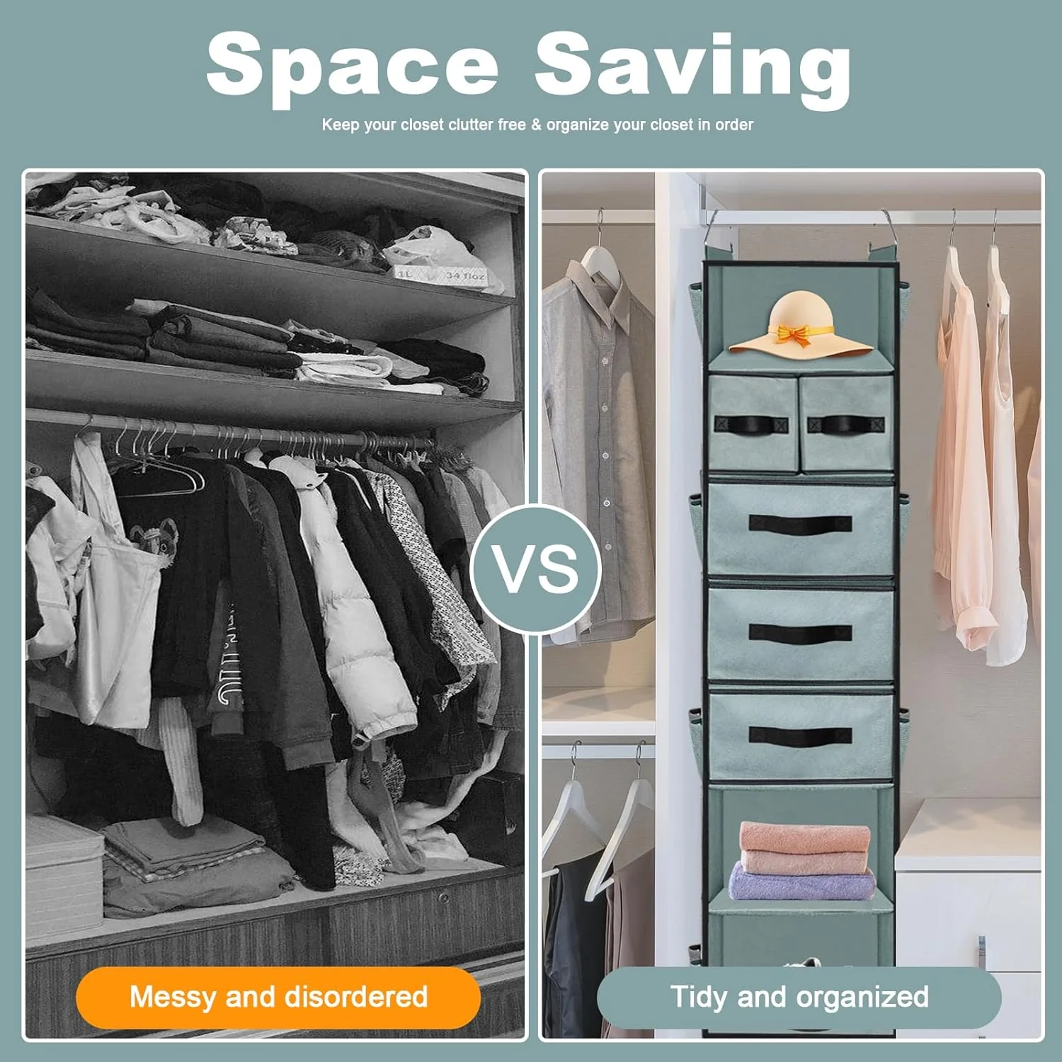 VERONLY 7-Shelf Hanging Closet Organizer with 5 Drawers, Grey Storage NEW - Image 8