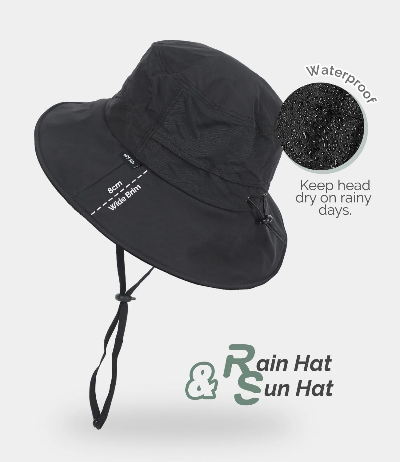 Creekstone Waterproof Bucket Hat UPF50+ Packable Sun Protection Black OSFM NEW - Image 2