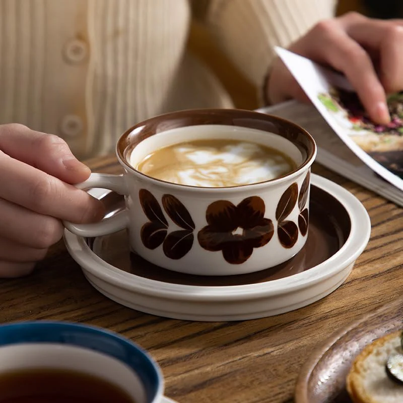 Givvate Ceramic Coffee Cup & Saucer Wide Cappuccino Mug for Hot Drinks Brown NEW - Image 2