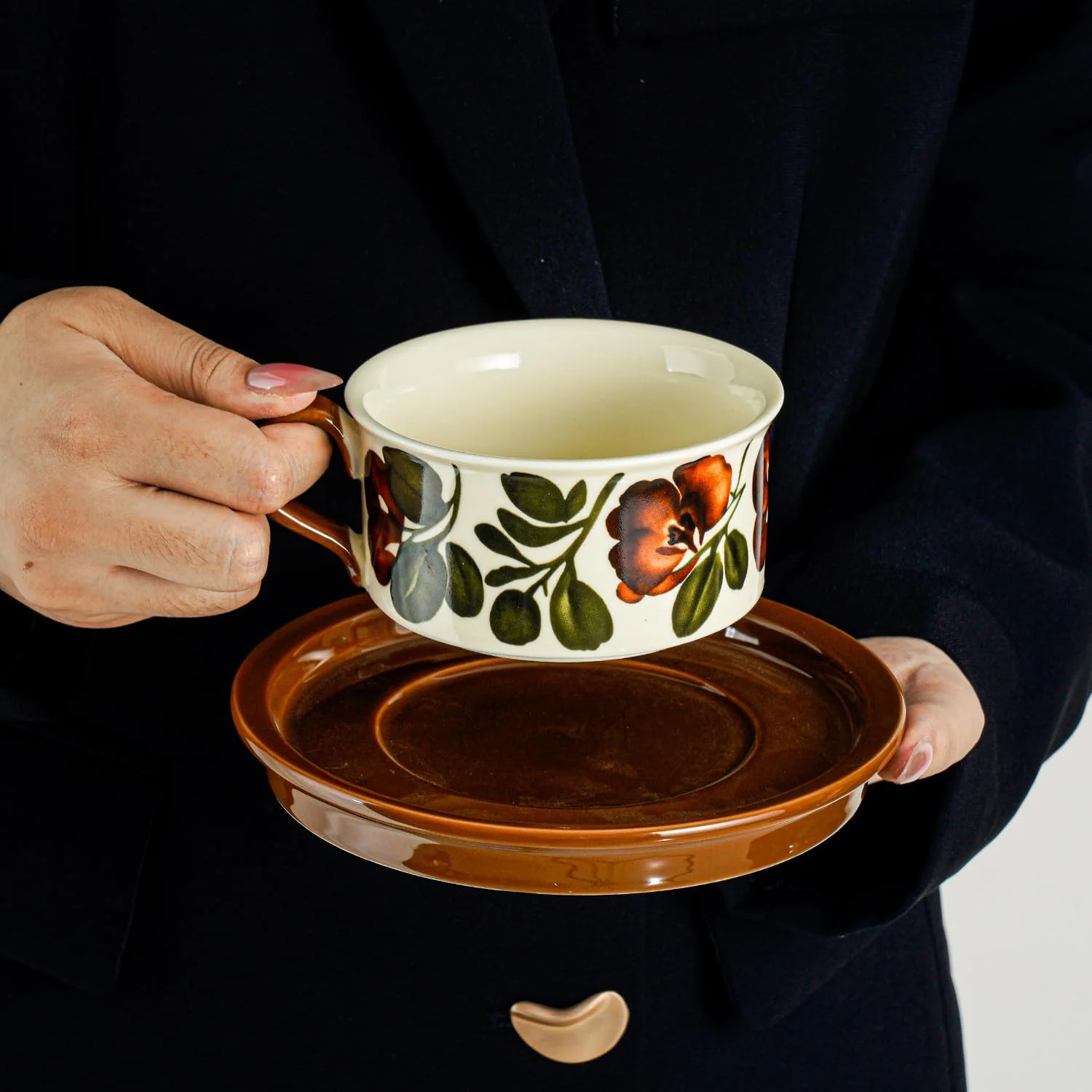 Givvate Begonia Flower Ceramic Coffee Cup and Saucer Brown Tones Set NEW