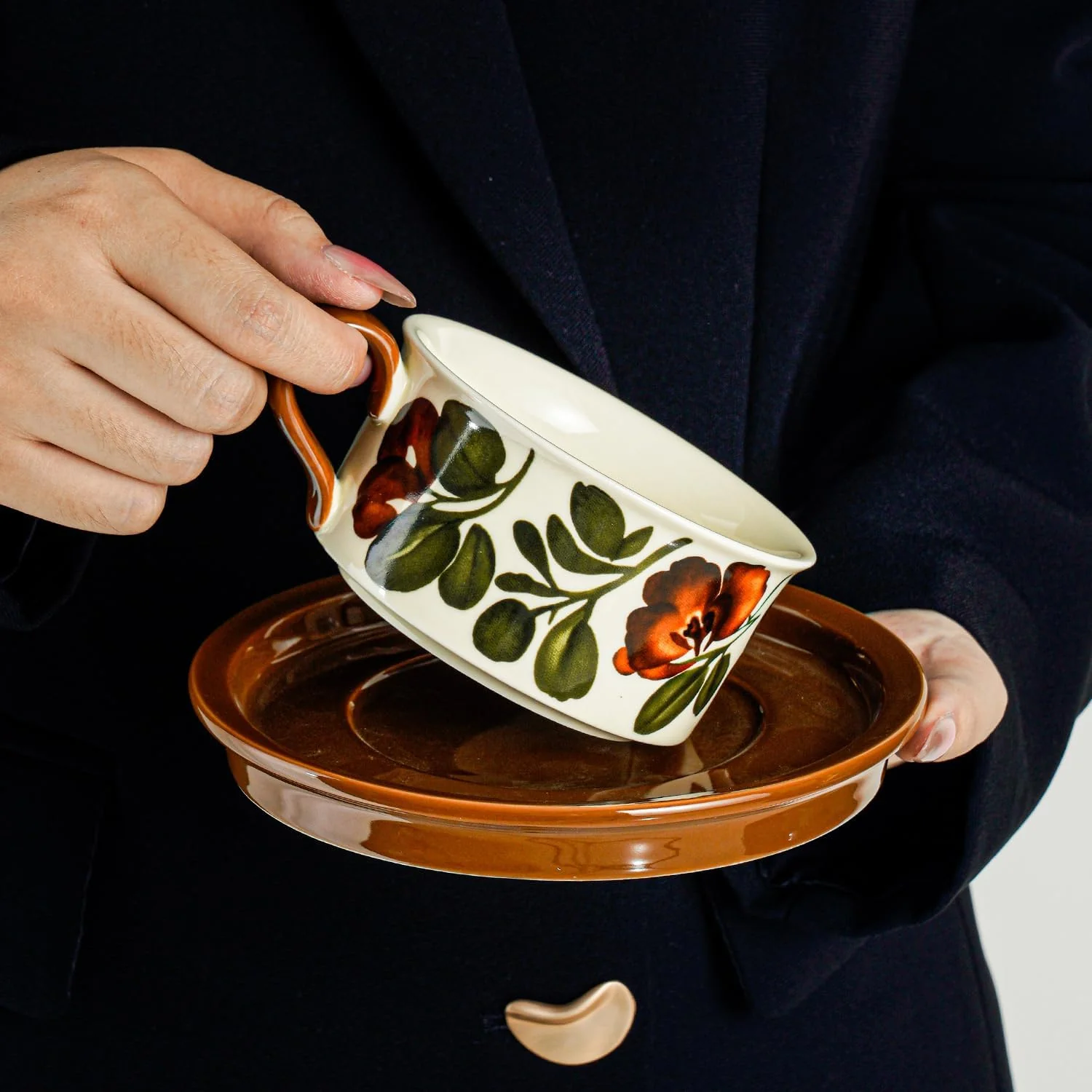 Givvate Begonia Flower Ceramic Coffee Cup and Saucer Brown Tones Set NEW - Image 2