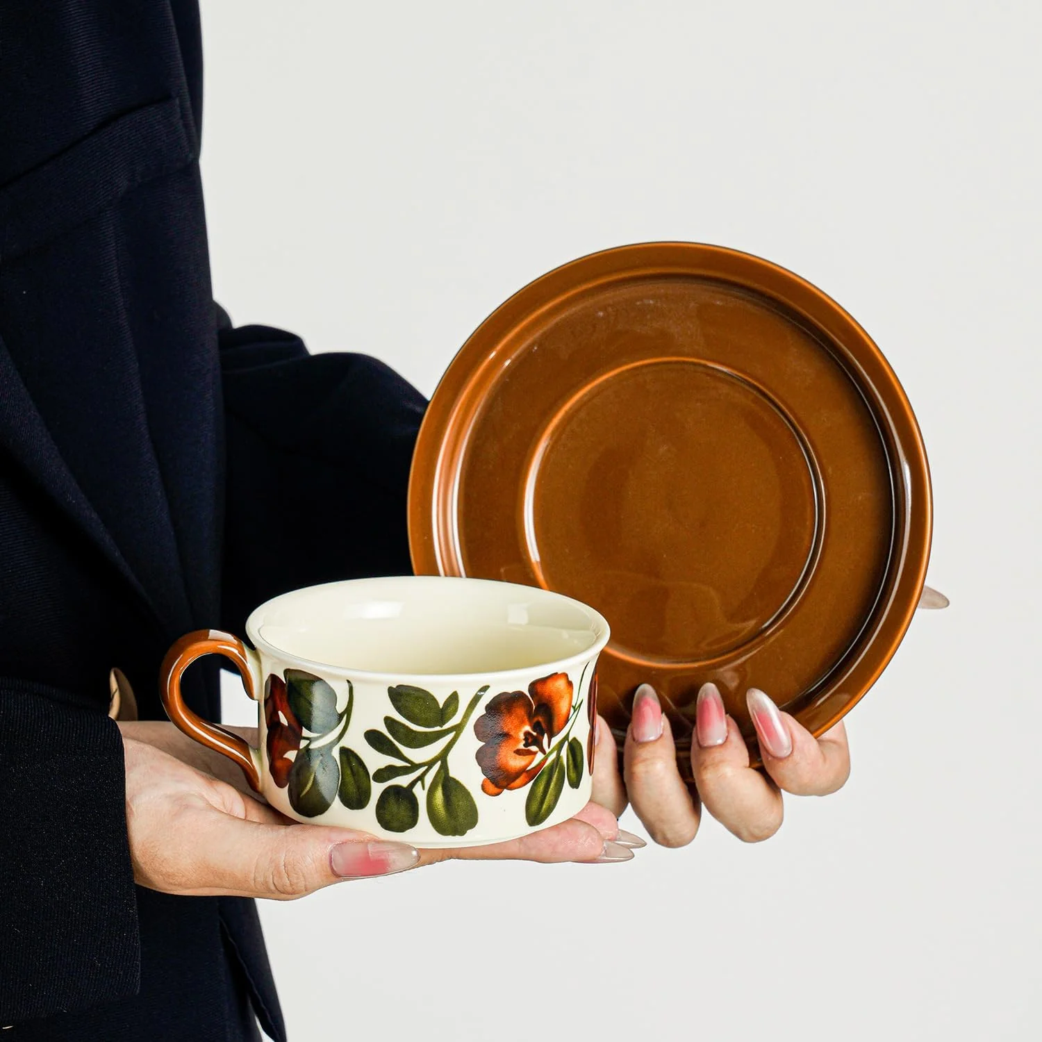Givvate Begonia Flower Ceramic Coffee Cup and Saucer Brown Tones Set NEW - Image 4