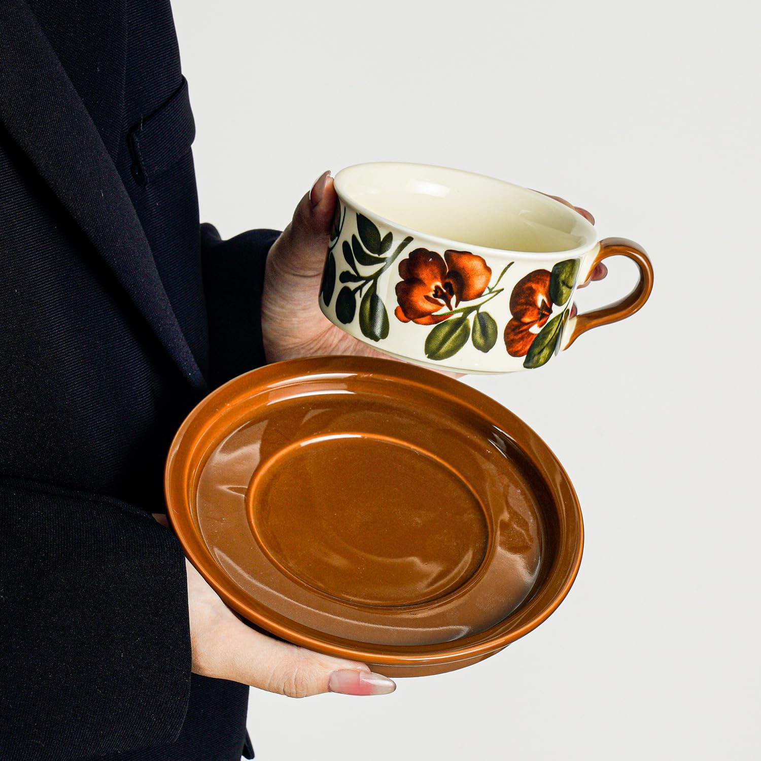 Givvate Begonia Flower Ceramic Coffee Cup and Saucer Brown Tones Set NEW - Image 5