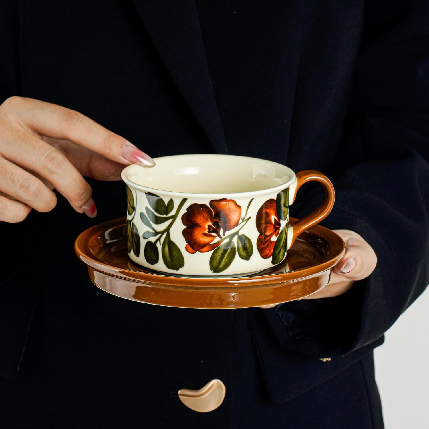 Givvate Begonia Flower Ceramic Coffee Cup and Saucer Brown Tones Set NEW - Image 6