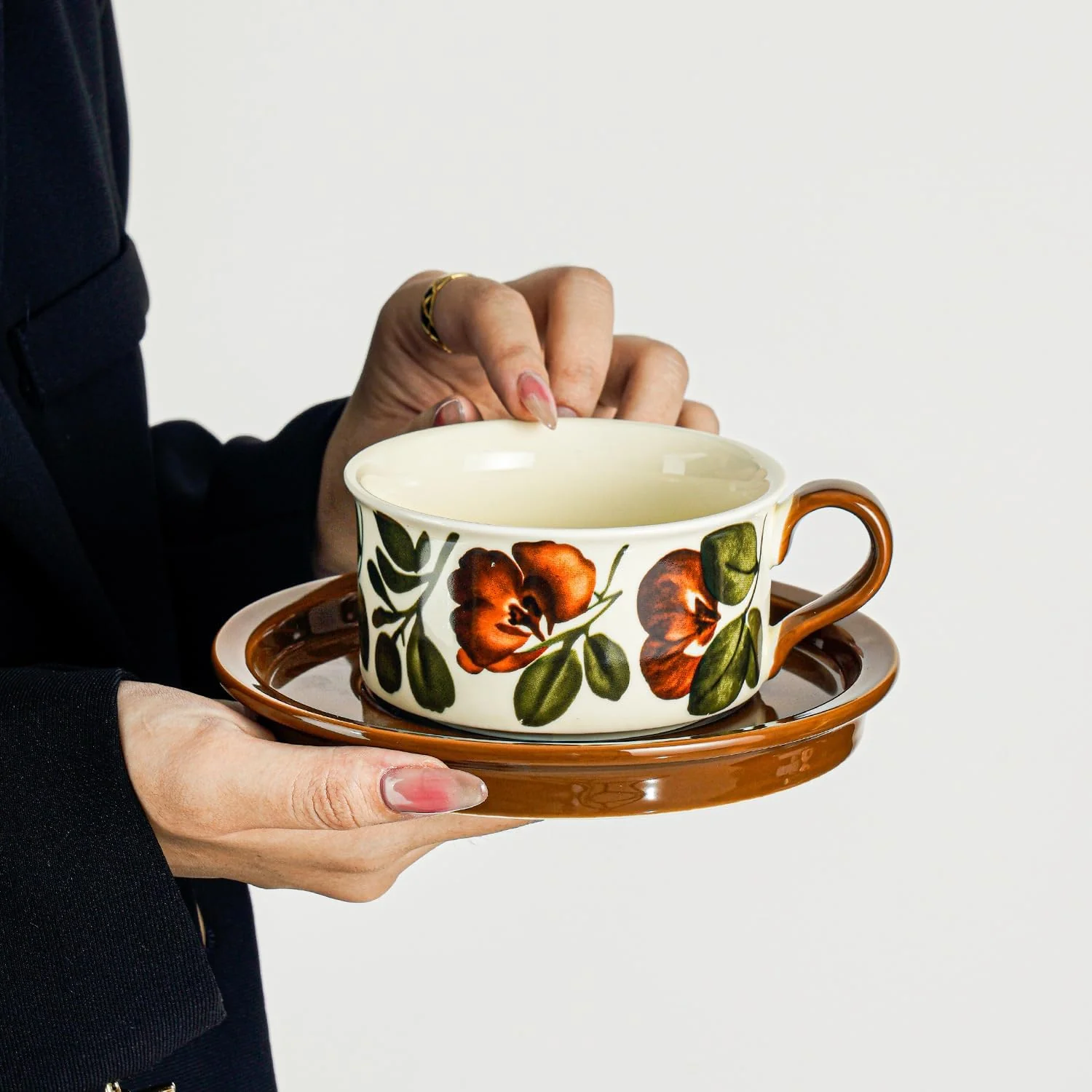 Givvate Begonia Flower Ceramic Coffee Cup and Saucer Brown Tones Set NEW - Image 7