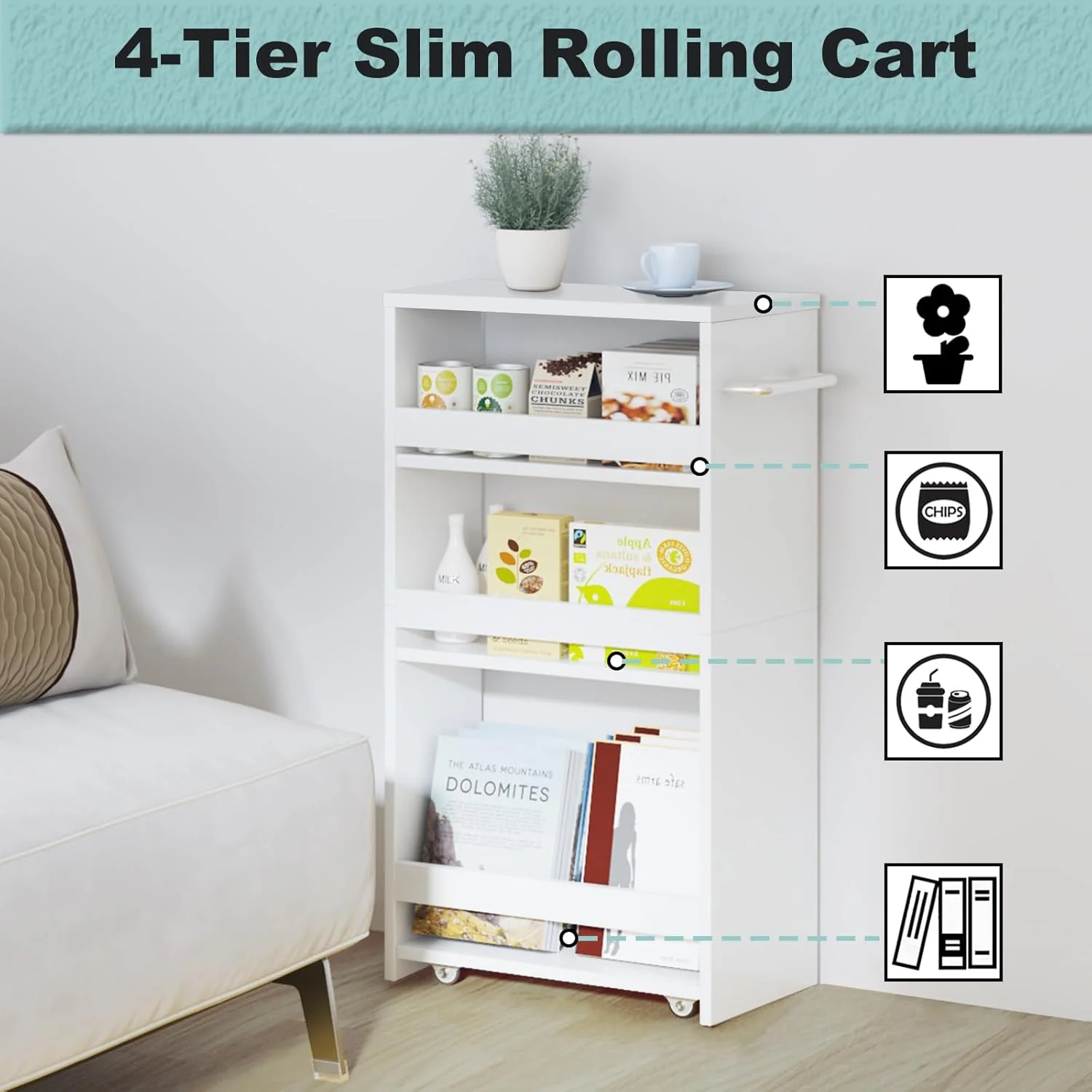 MARTY 4-Tier Slim Rolling Storage Cart, Engineered Wood, 7.9"W, All White NEW - Image 6