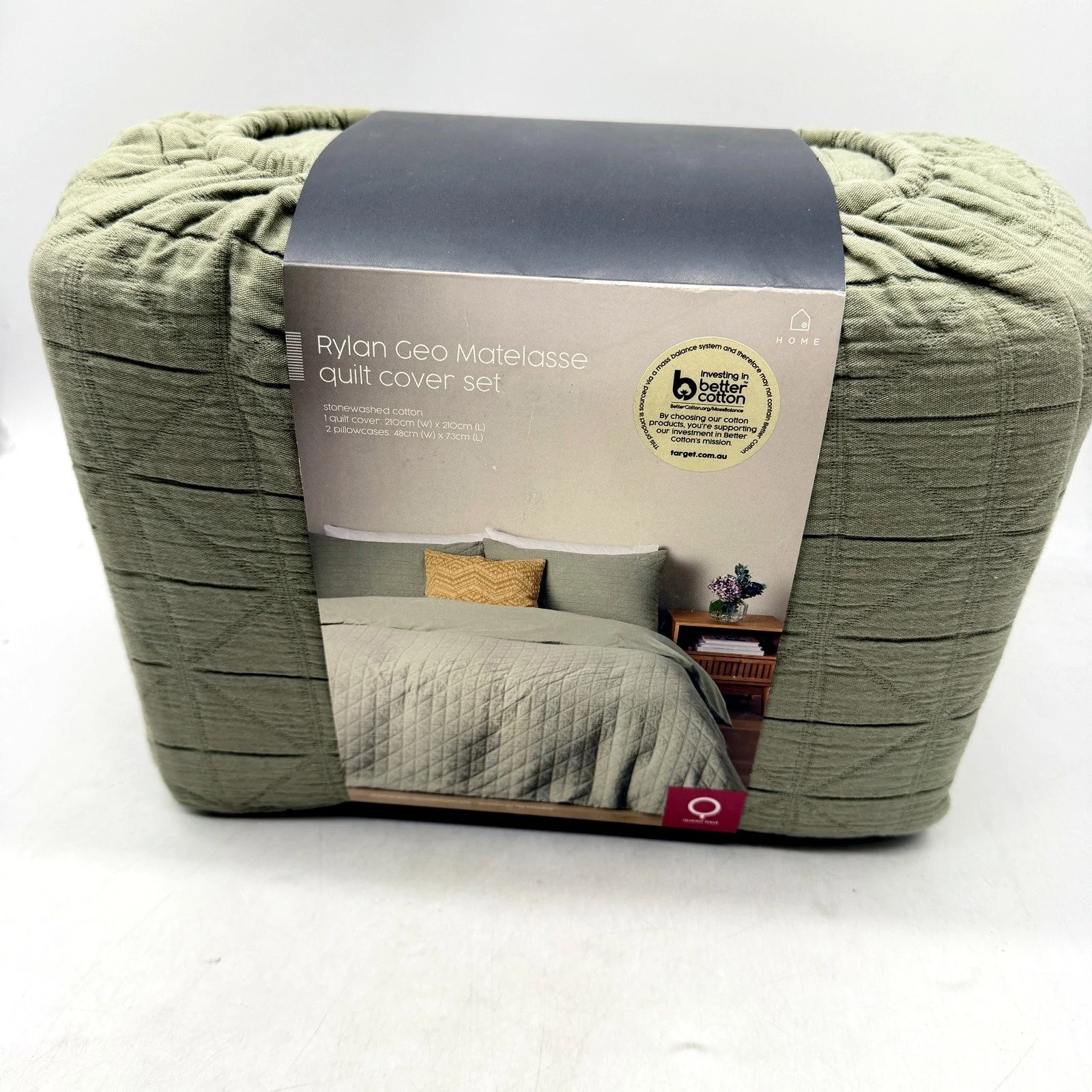 Target Rylan Geo Matelasse Sage Green Quilt Cover Set & Euro PCase QUEEN NEW - Image 3