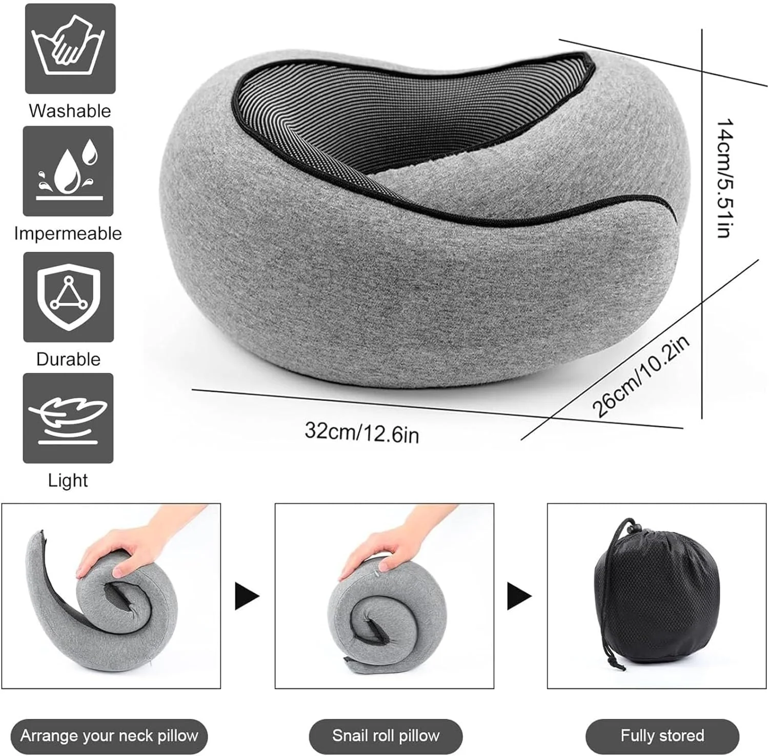 WEERSHUN Memory Foam Neck Pillow for Travel, Dark Gray In Carry Bag OSFM NEW - Image 4