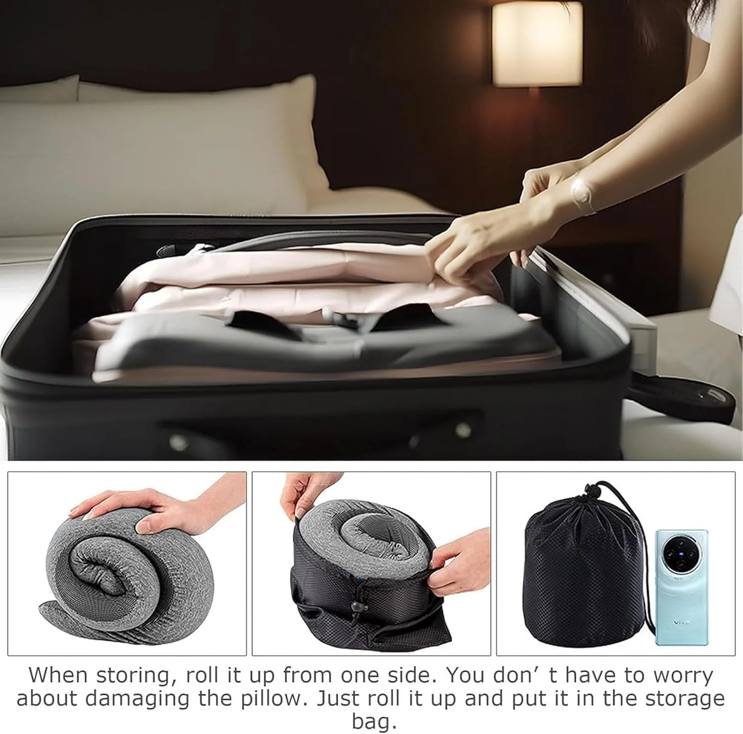 WEERSHUN Memory Foam Neck Pillow for Travel, Dark Gray In Carry Bag OSFM NEW - Image 6