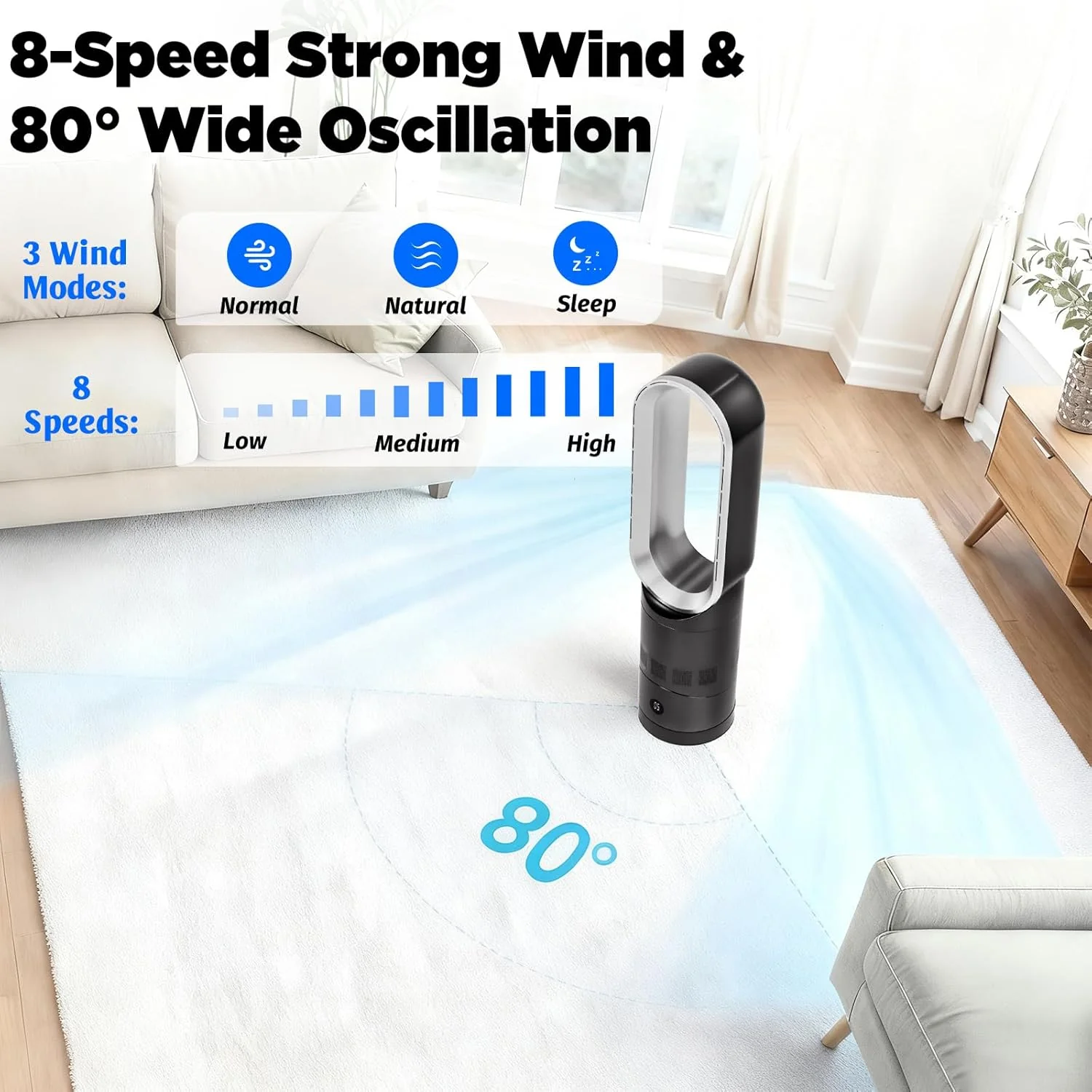 ADVWIN Bladeless Tower Fan 8 Speeds Strong Wind 9H Timer Remote Control Gray NEW - Image 2