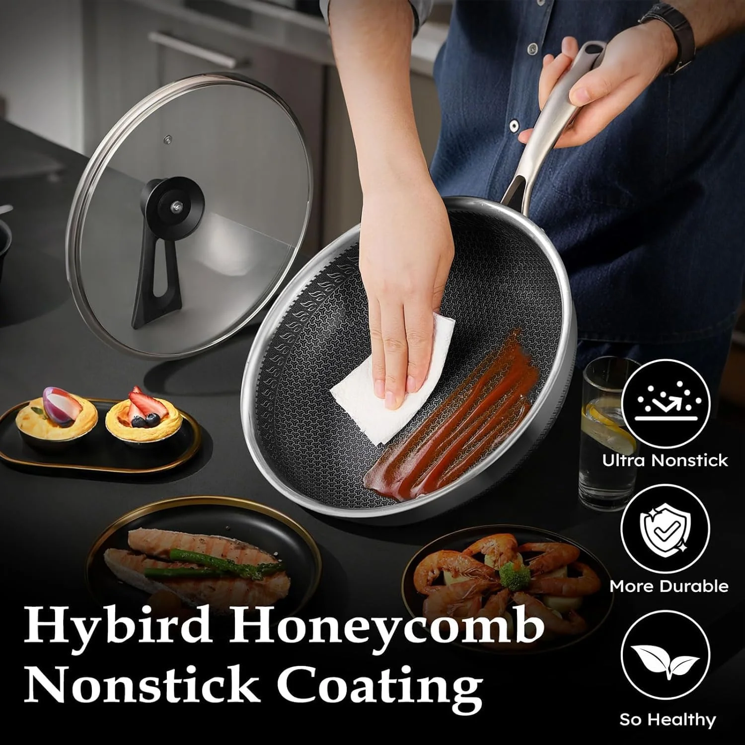 Homodoskey 28CM Stainless Steel Frying Pan Non-Stick Cookware Skillet Silver NEW - Image 8
