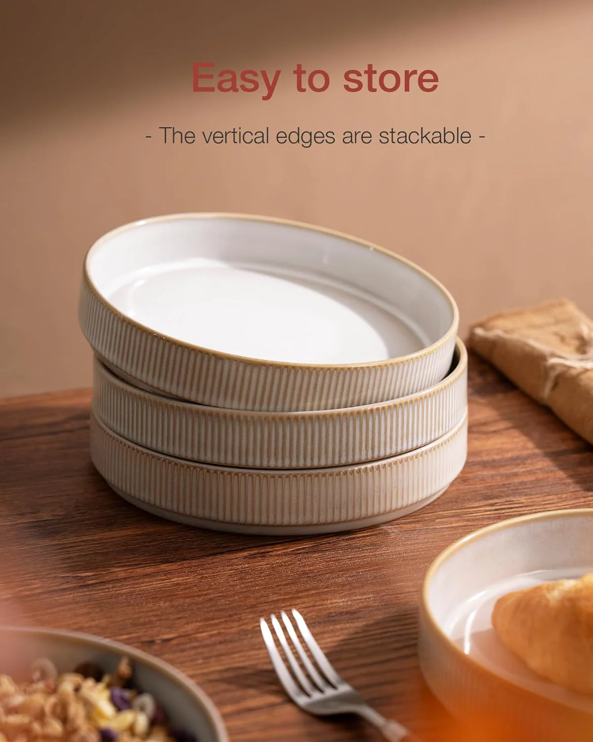famiware 8.25" Pasta Bowls Set of 4 Cappuccino White Stoneware Ceramic NEW - Image 6