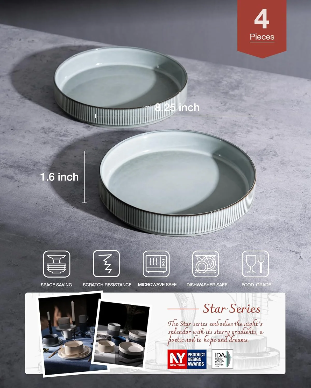 famiware 8.25" Pasta Bowls Set of 4 Salad Bowl Plates Smoky Blue Stoneware NEW - Image 2