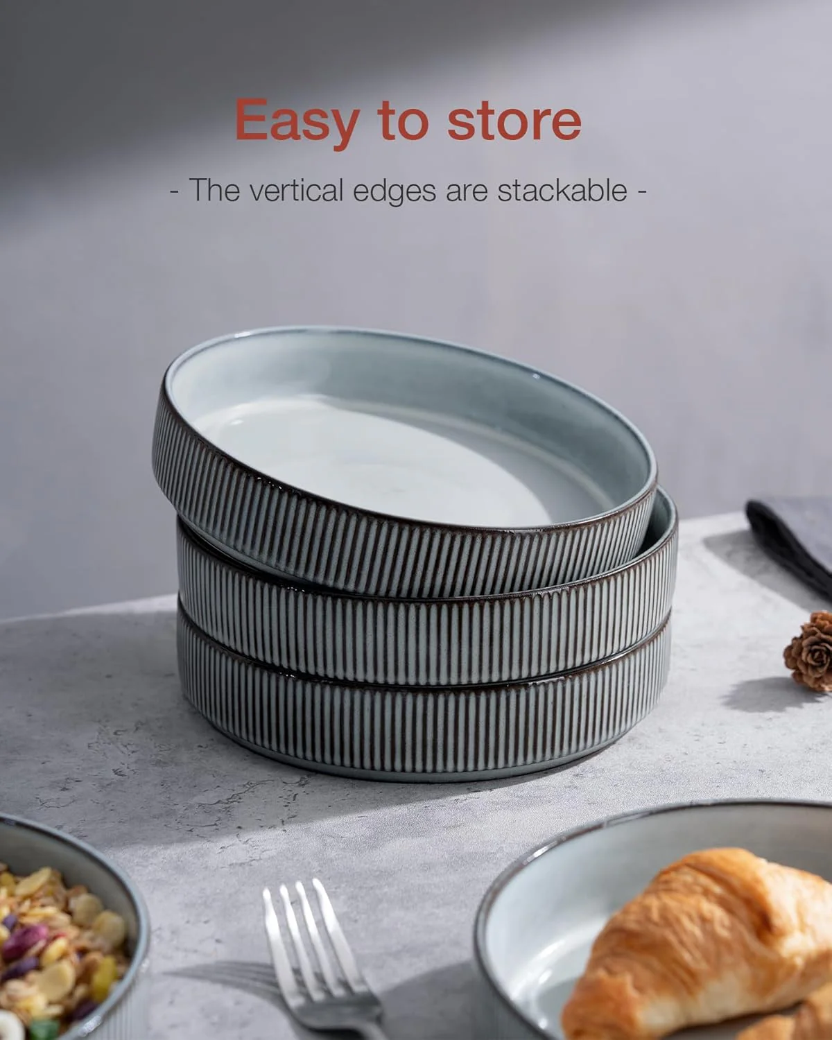 famiware 8.25" Pasta Bowls Set of 4 Salad Bowl Plates Smoky Blue Stoneware NEW - Image 6