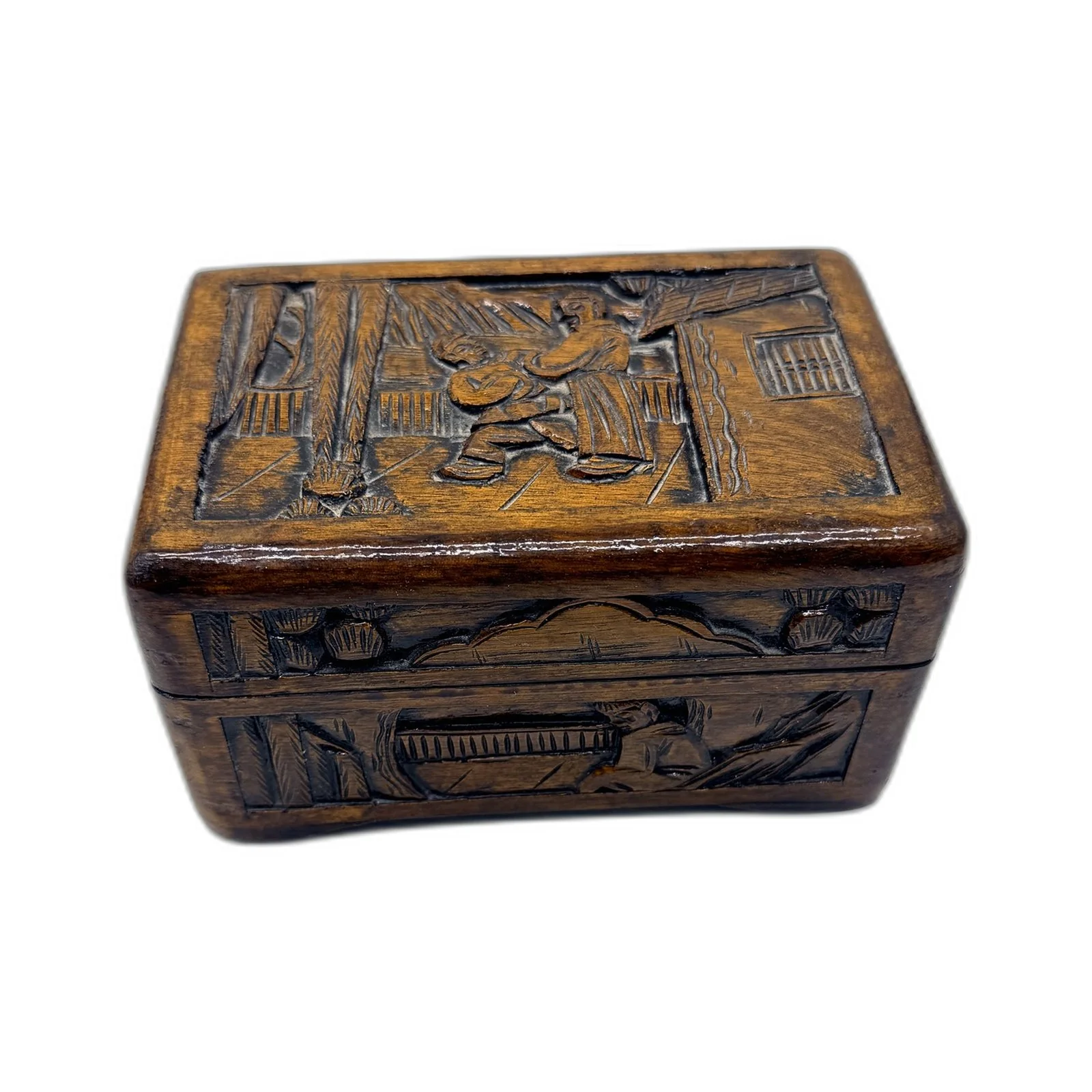 Vintage Decorative Wooden Storage Box Satin Lined - Carved Collectible - Image 3