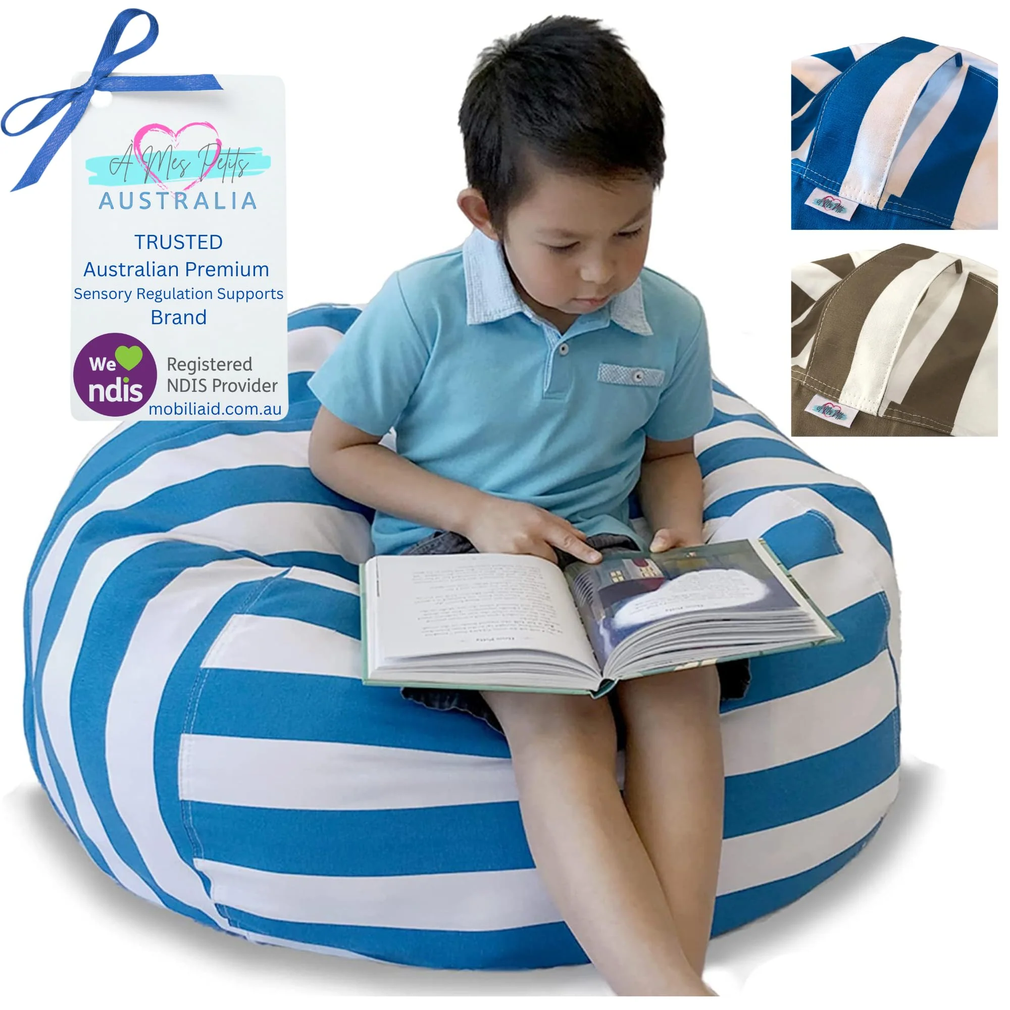Γ Mes Petits Extra Large 96.5cm Round Blue & White Striped Bean Bag Cover NEW