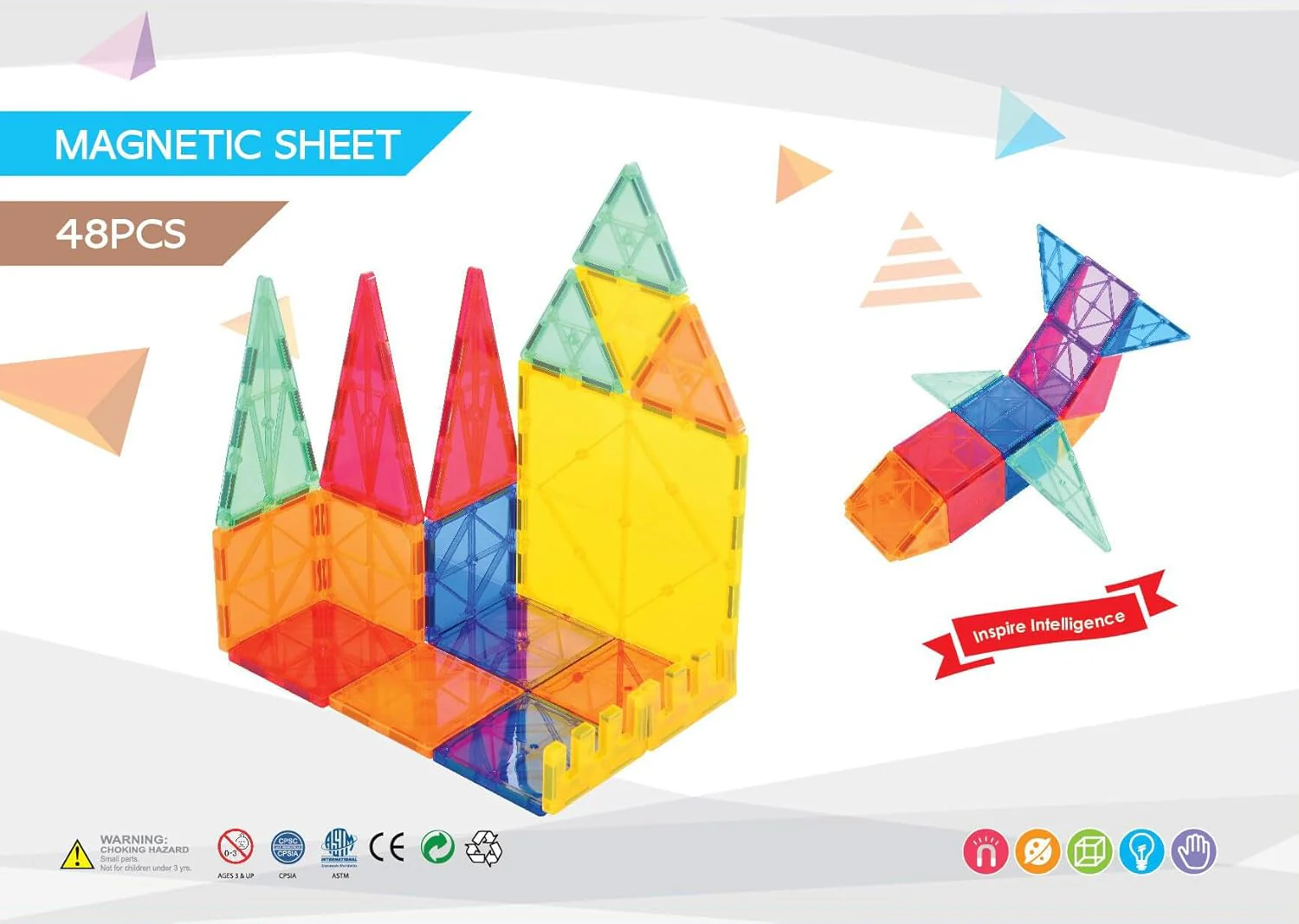 Lenoxx 48-Piece Multi-Color Magnetic Building Tiles Puzzle Set for Kids NEW - Image 3