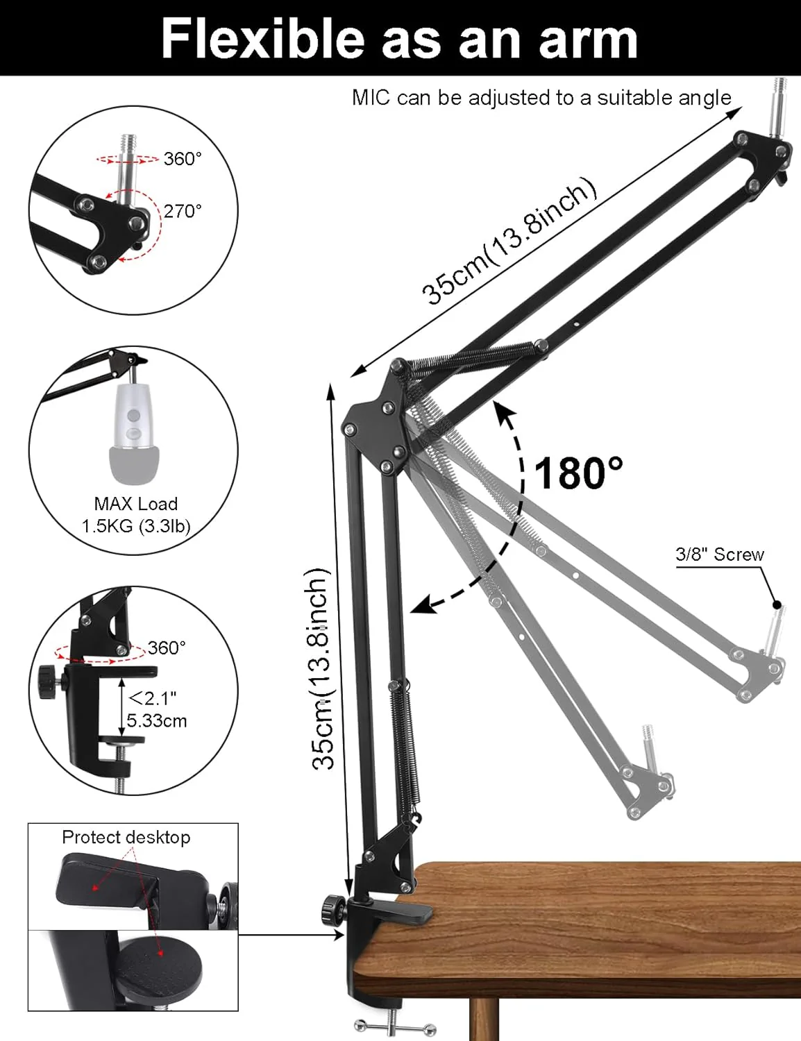 Oimlfus Adjustable Stands Microphone Desk Stand, Alloy Steel, Black, DEMO - Image 3