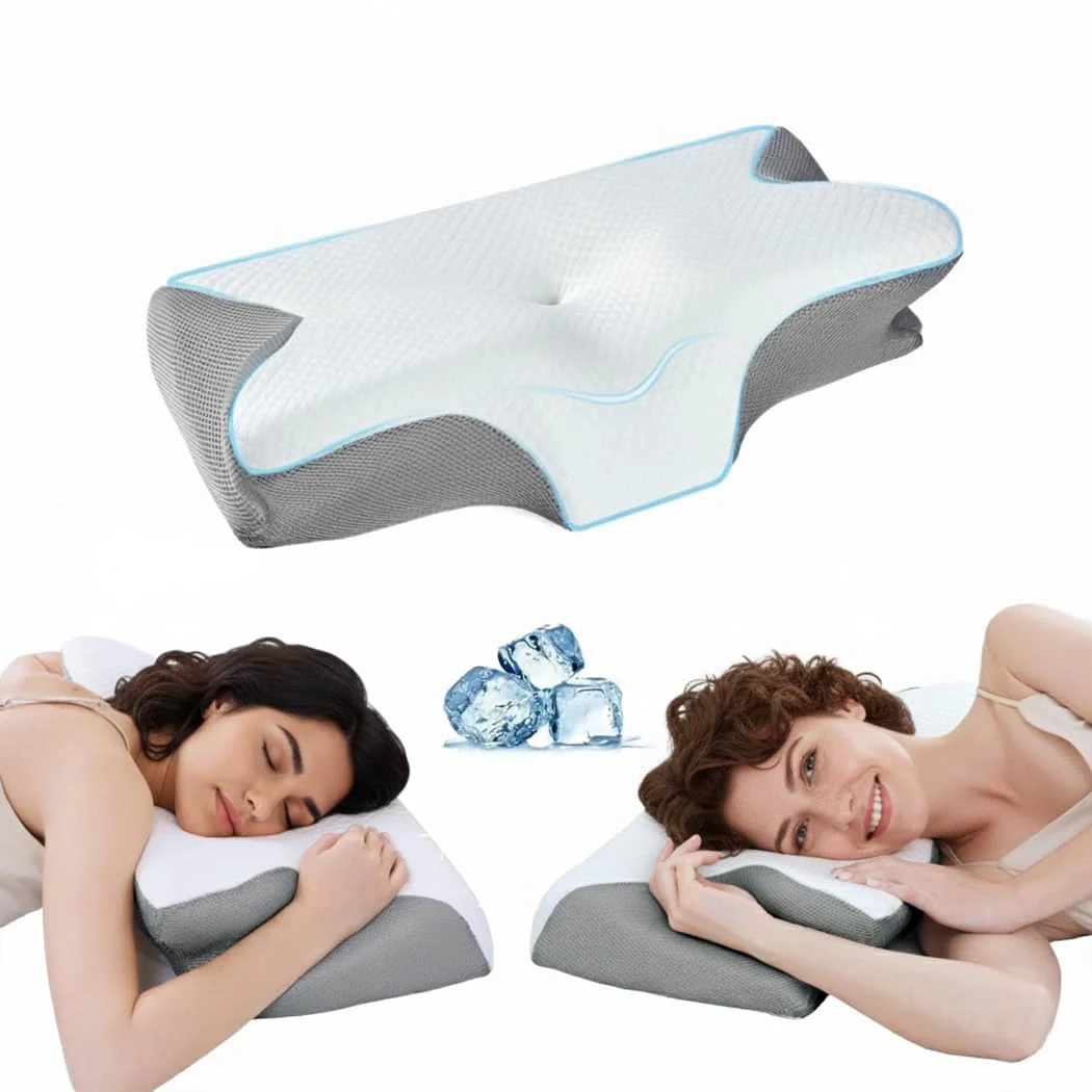 PORIYA Ergonomic Cervical Neck Pillow Memory Foam Cooling Cover Grey White NEW