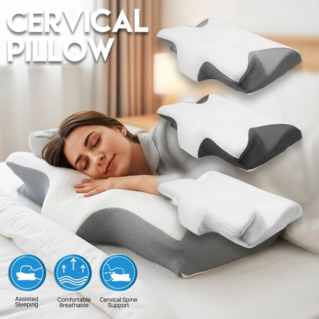 PORIYA Ergonomic Cervical Neck Pillow Memory Foam Cooling Cover Grey White NEW - Image 9