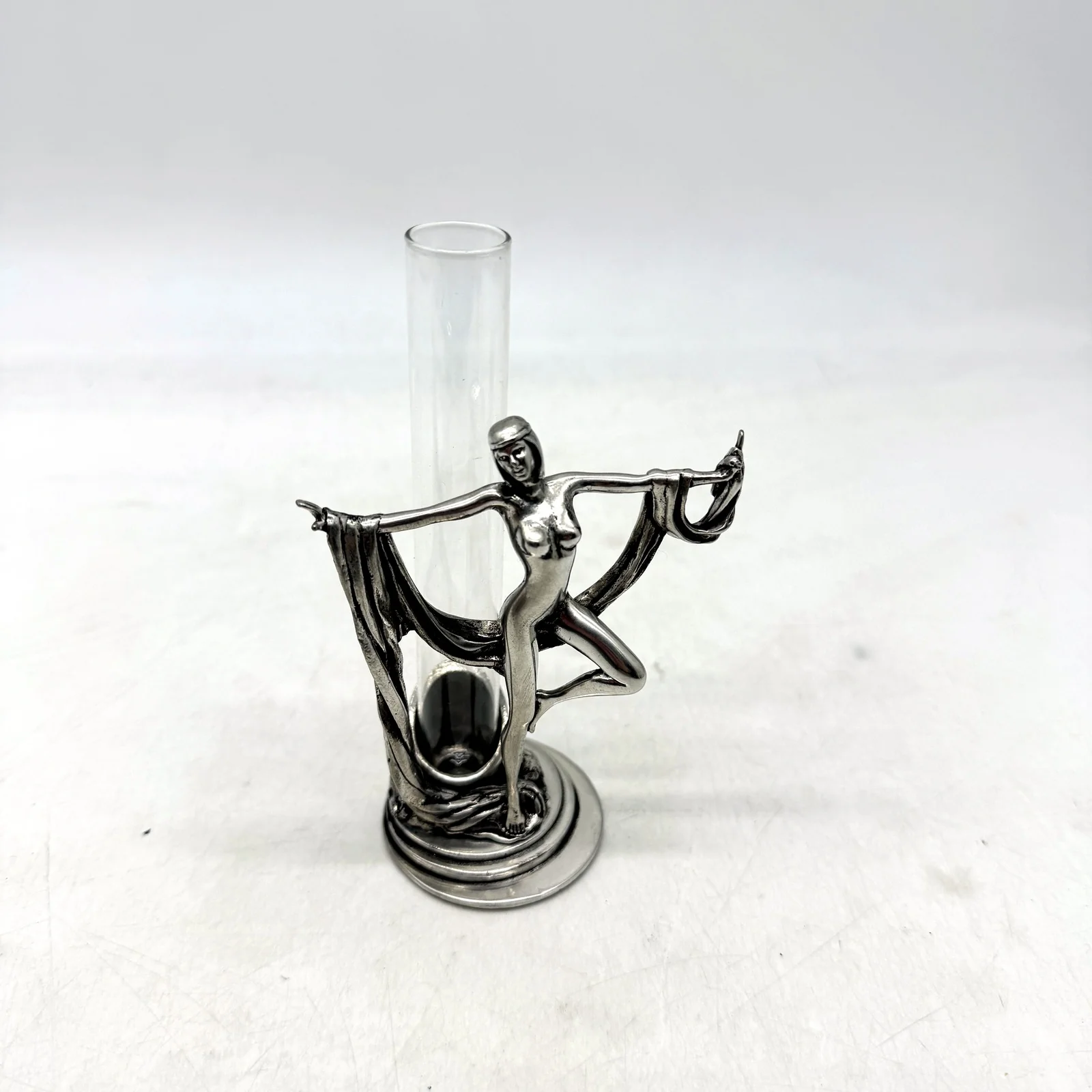 VINTAGE Art Deco Style Silver Metal Lady Sculpture & Glass Bud Vase 14cm