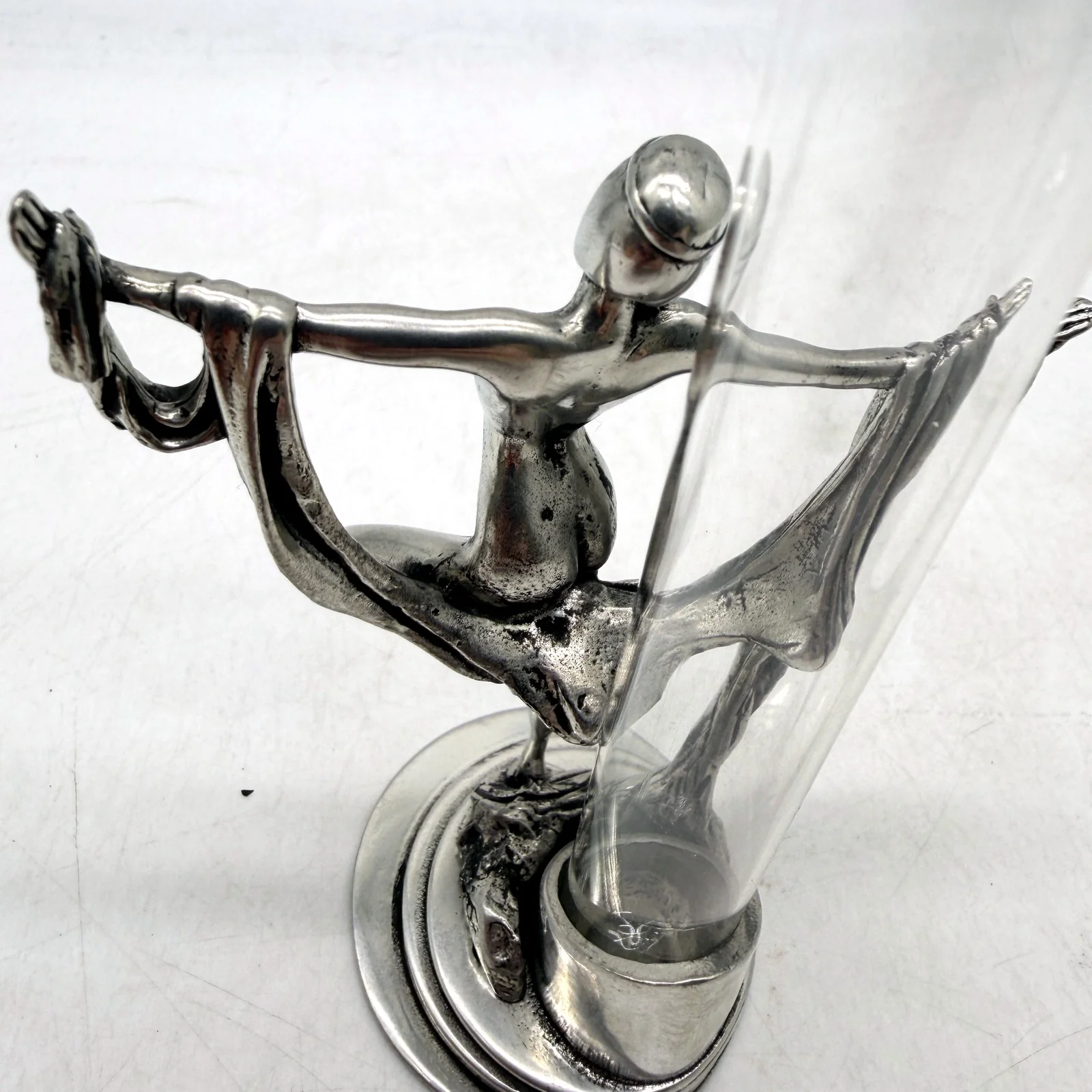 VINTAGE Art Deco Style Silver Metal Lady Sculpture & Glass Bud Vase 14cm - Image 4