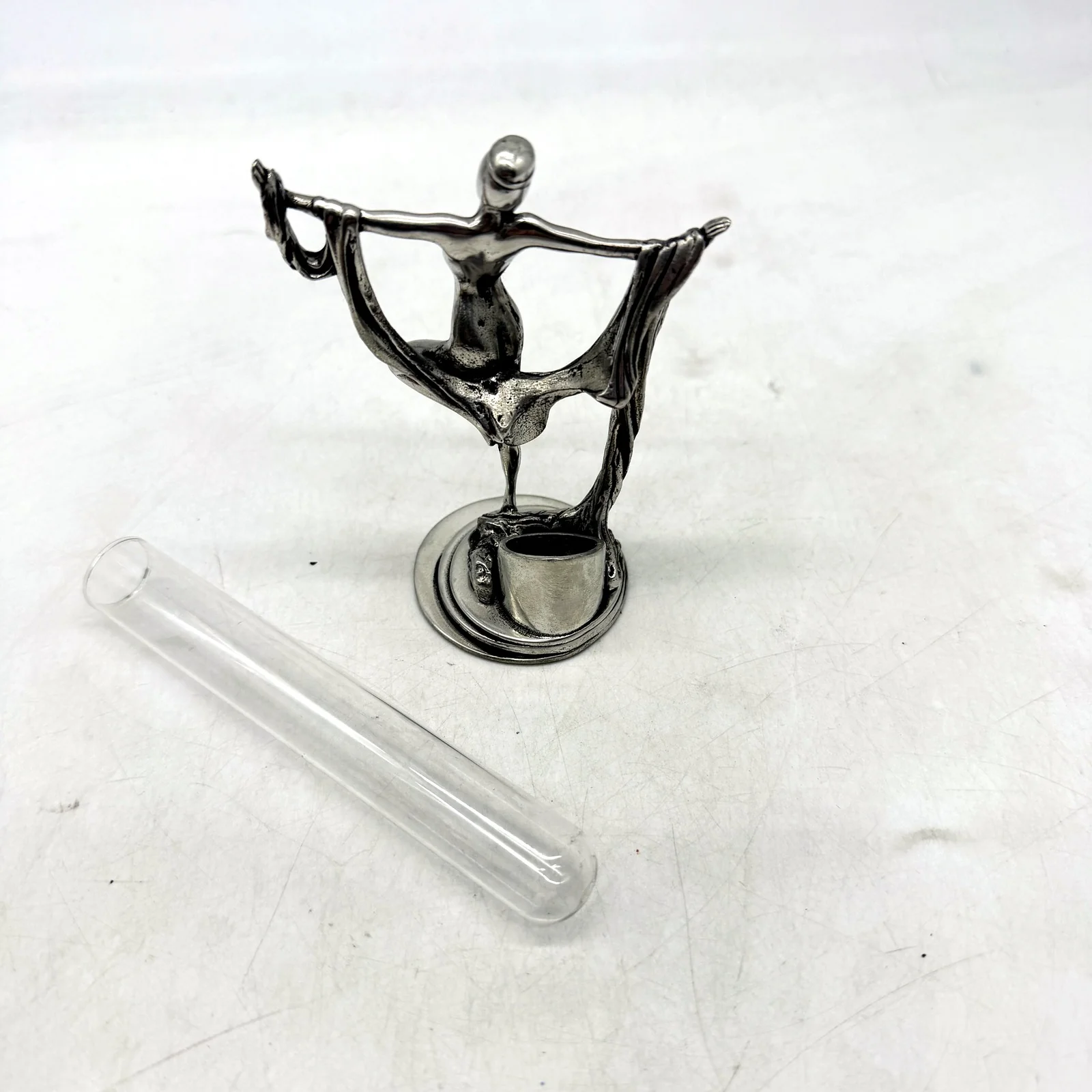 VINTAGE Art Deco Style Silver Metal Lady Sculpture & Glass Bud Vase 14cm - Image 5