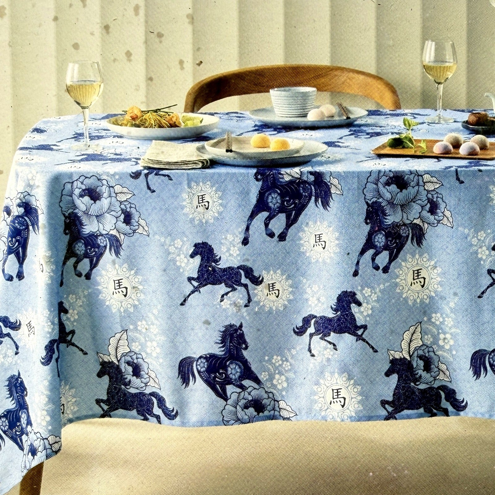 Floral & Horse Oriental Design Tablecloth Cotton Polyester 1.35m x 1.80m NEW