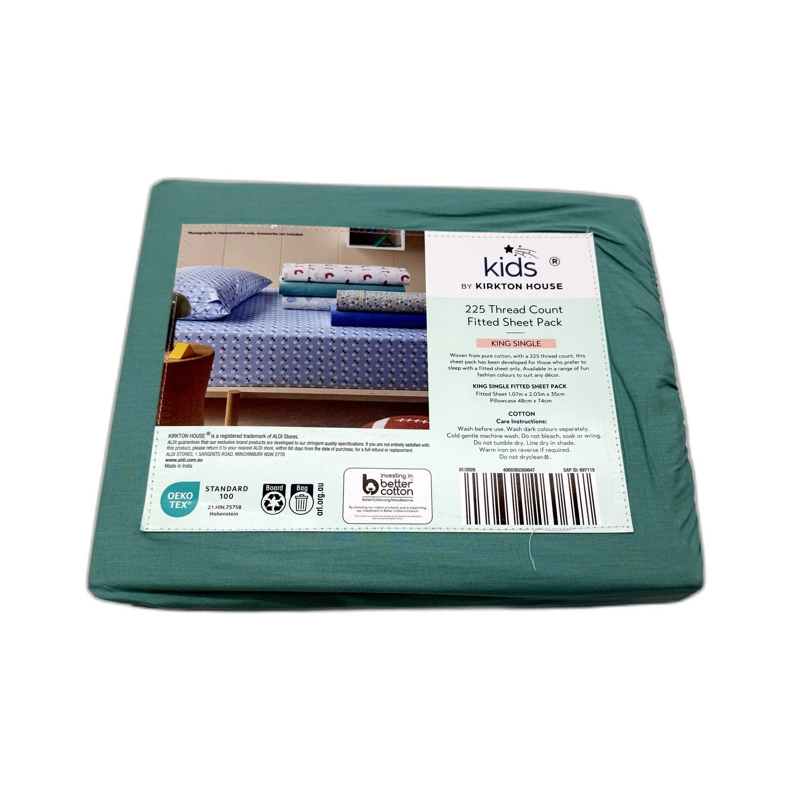 Easy Wash Green 225TC 100% Cotton Fitted Sheet Pack Kids for King Single Bed NEW - Image 4