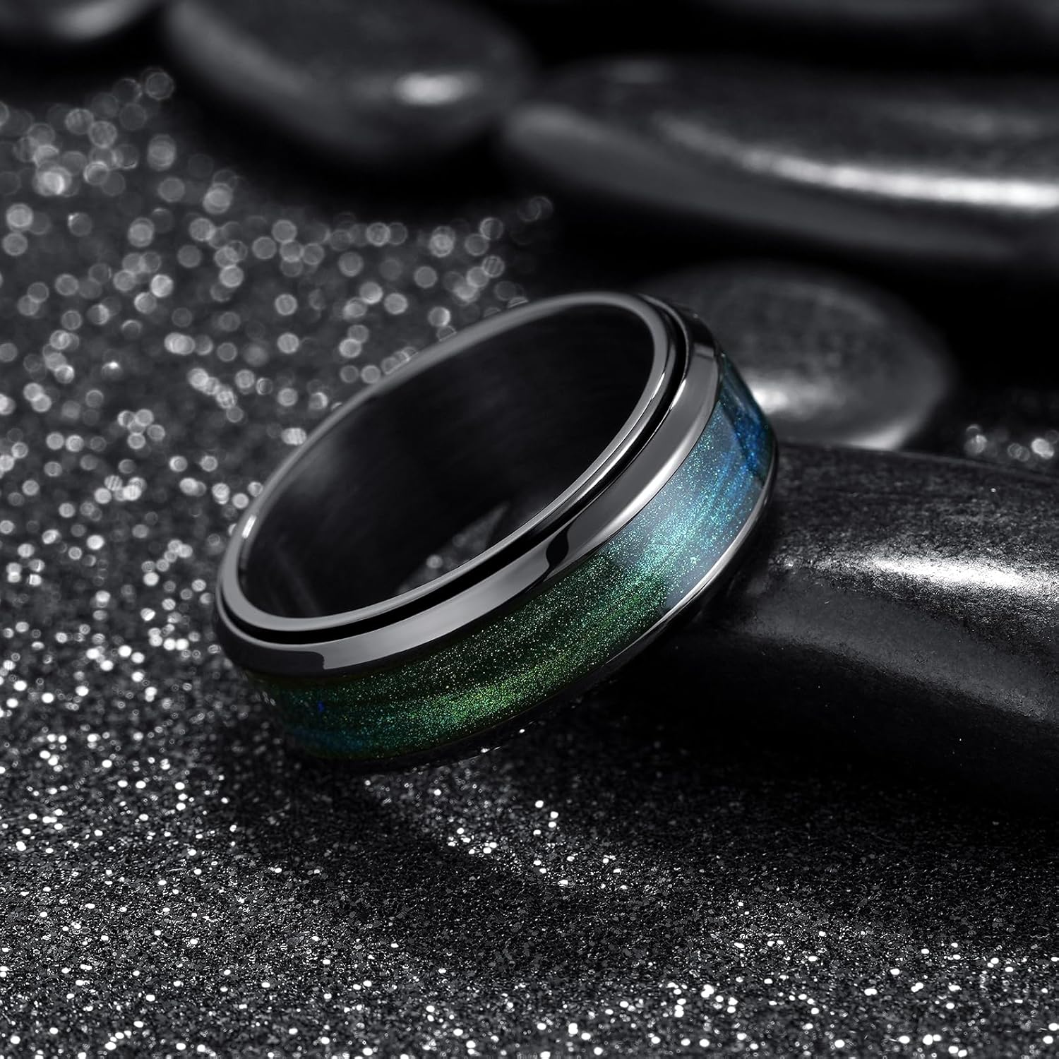 King Will Ring 8mm Stainless Steel Spinner Band Black-Blue Green Men Size 13 NEW - Image 2