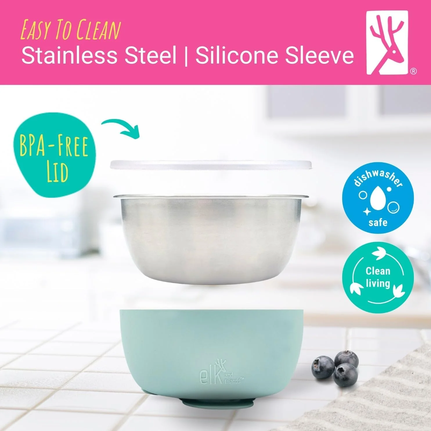 Elk and Friends Stainless Steel Bowls with Silicone Suction Sleeves Lids DEMO - Image 7