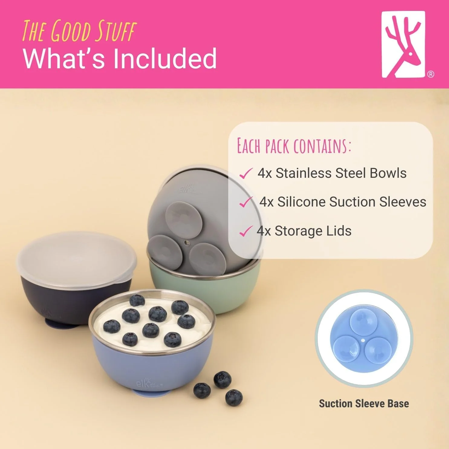 Elk and Friends Stainless Steel Bowls with Silicone Suction Sleeves Lids DEMO - Image 8
