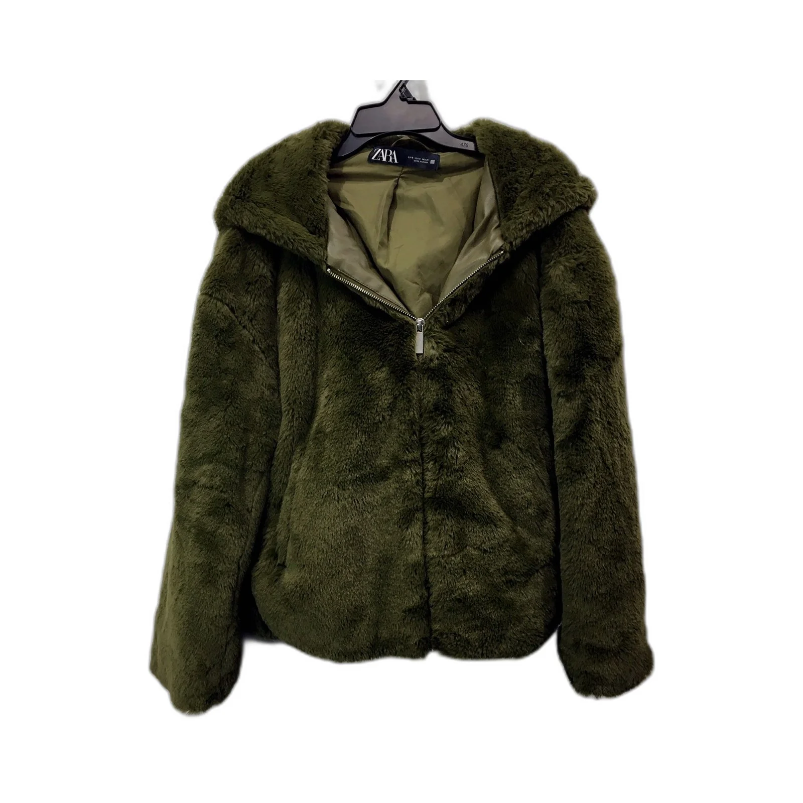 Zara Womens Faux Fur Jacket Faux Fur Hooded Jacket in Olive Green, Small Size