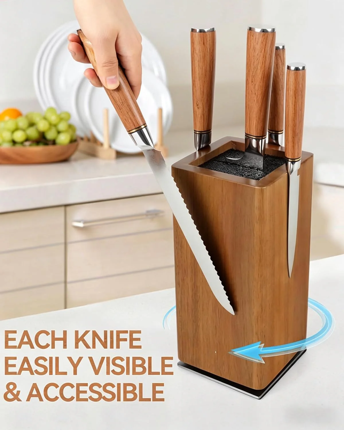 KUCHEASY 360° Rotating Wooden Knife Holder Universal Block Storage Brown NEW - Image 3
