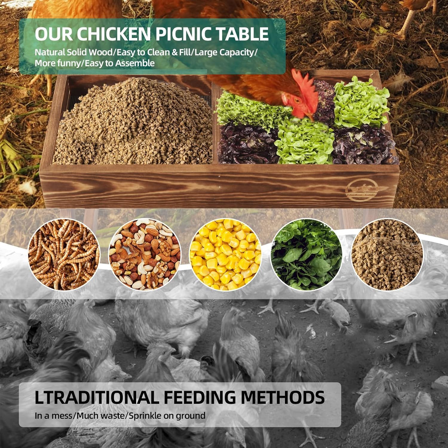 Cozioz Handmade Feeders Chicken Picnic Table Feeder Carbonized Solid Wood DEMO - Image 2