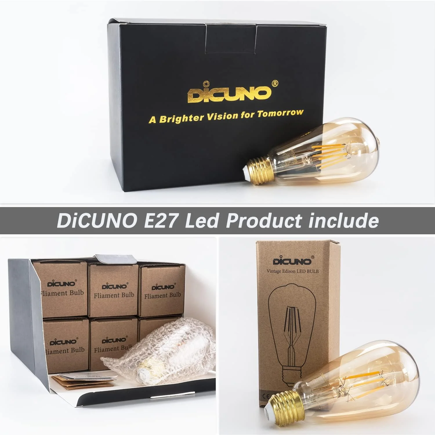 DiCUNO Vintage LED Bulbs Amber LED Edison Bulb, 6W Equivalent Retro Glass DEMO - Image 4
