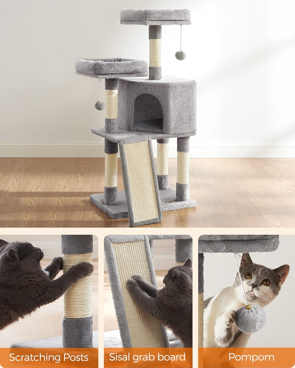 Feandrea Cat Tower Scratching Post Condo Plush Grey Play Towers & Trees NEW - Image 8