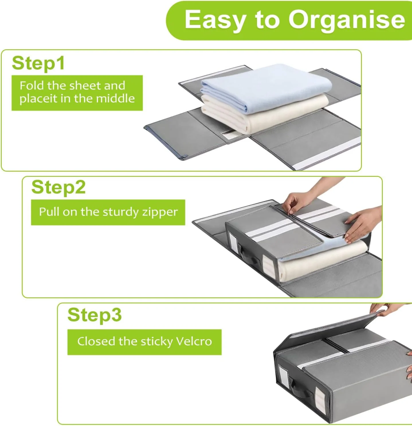 Heyolo 4Pk Foldable Bed Sheet Organizer & Storage Baskets in Grey for Home NEW - Image 5