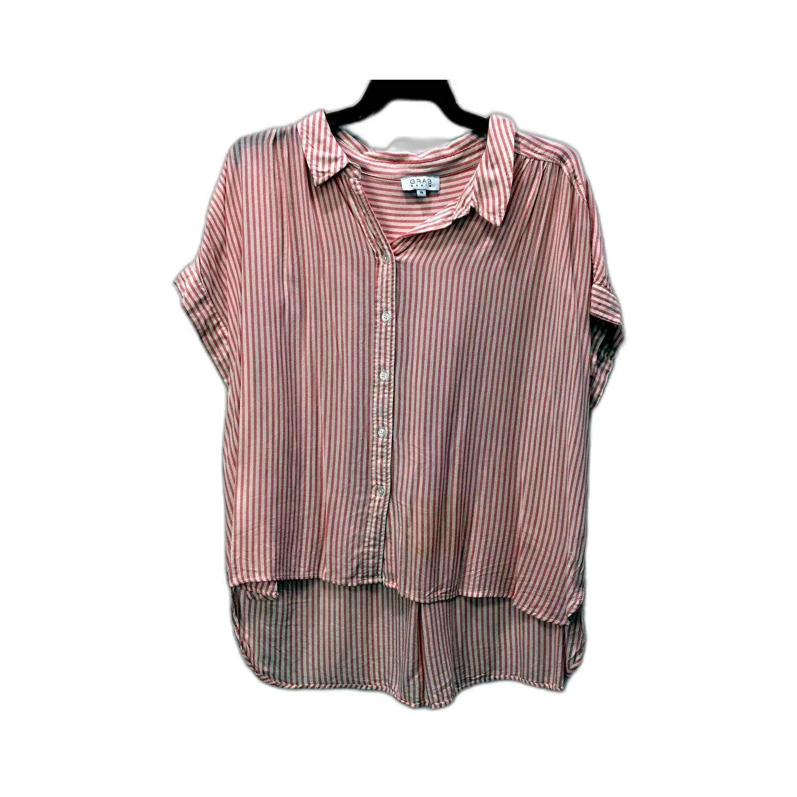 Grab Womens Striped Button-Down Shirt Red and White Short Sleeve Sz 16