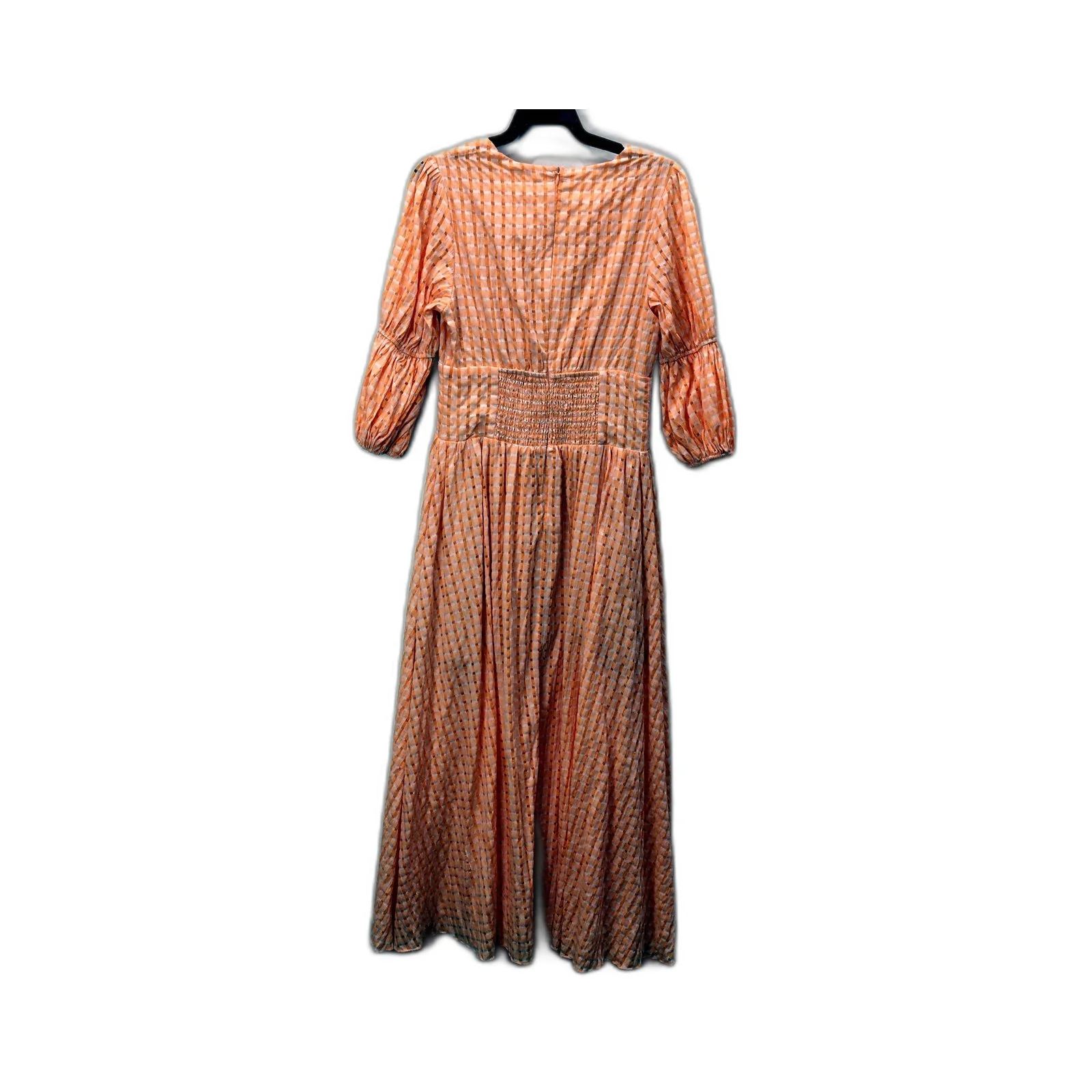 Pearl & Sea Womens Orange and White Gingham Midi Dress Puff Sleeve Sz 10 - Image 2