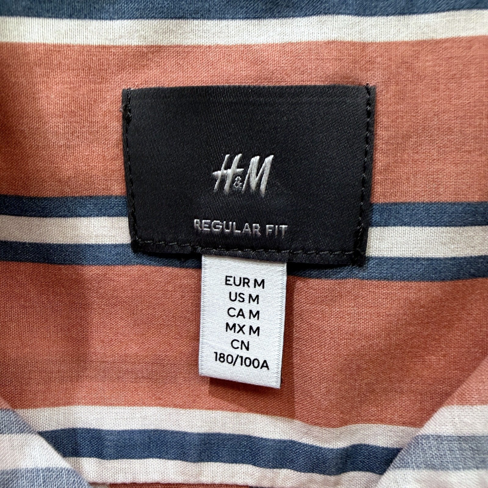 H&M Mens Button-Down Shirt Striped Peach and Navy Blue Cotton Regular Fit Size M - Image 3