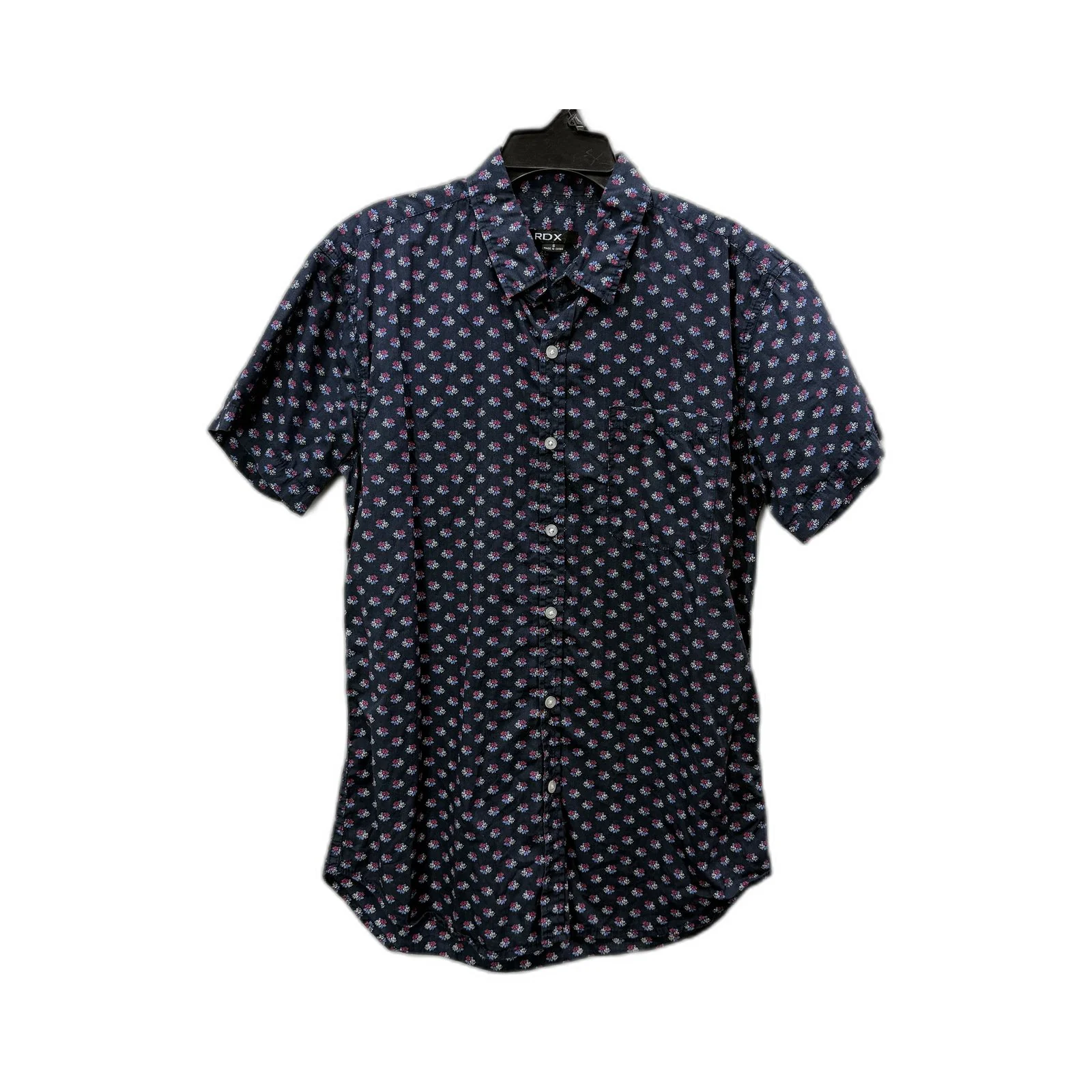 RDX Mens Button-Down Shirt Navy Blue Floral Print Short Sleeve Cotton Size S