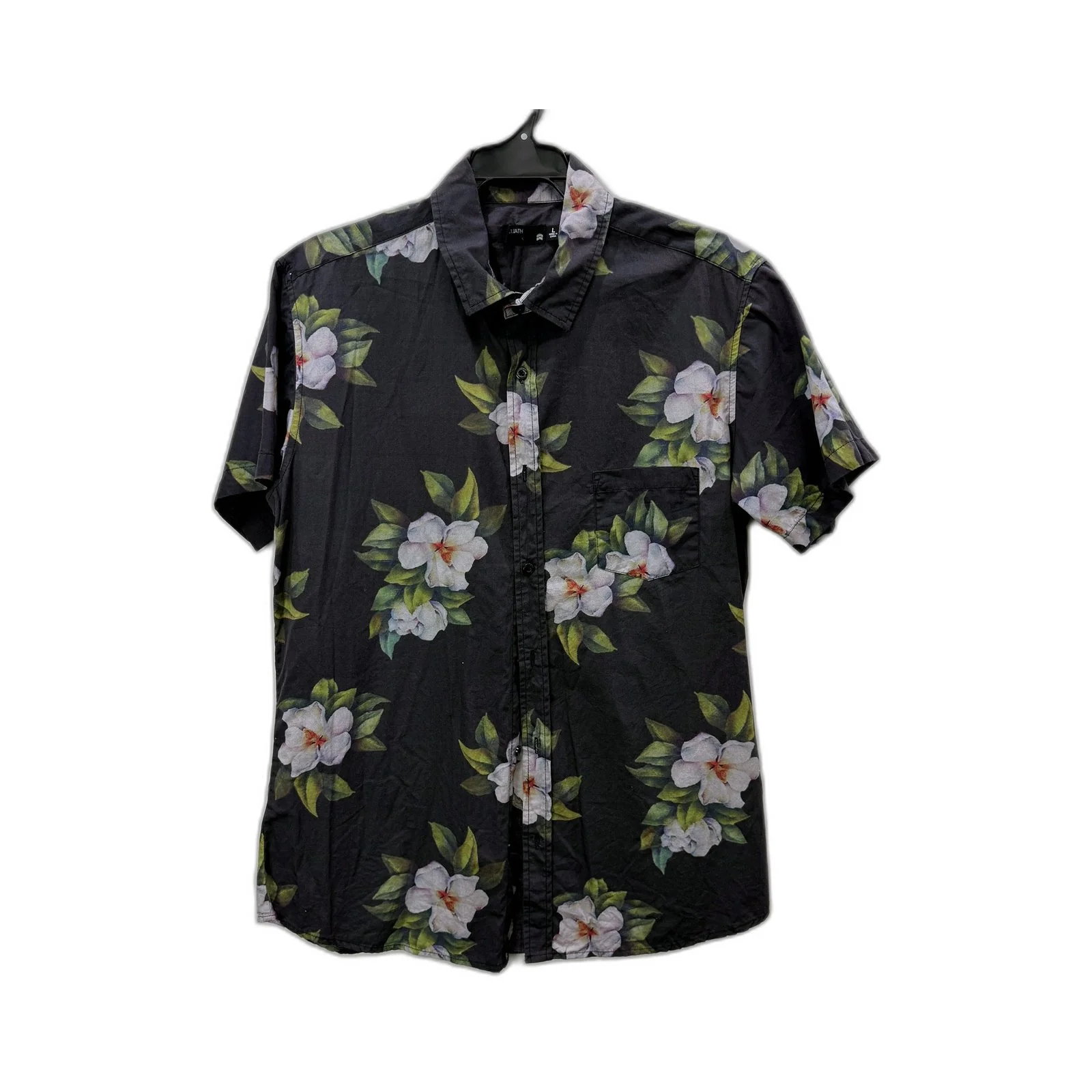 Goliath Mens Floral Button-Down Shirt Black with White and Green Print Size L