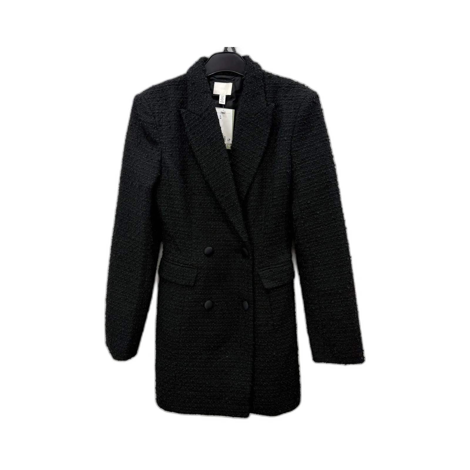 H&M Womens Wool Blend Textured Double Breasted Black Coat Size S NEW