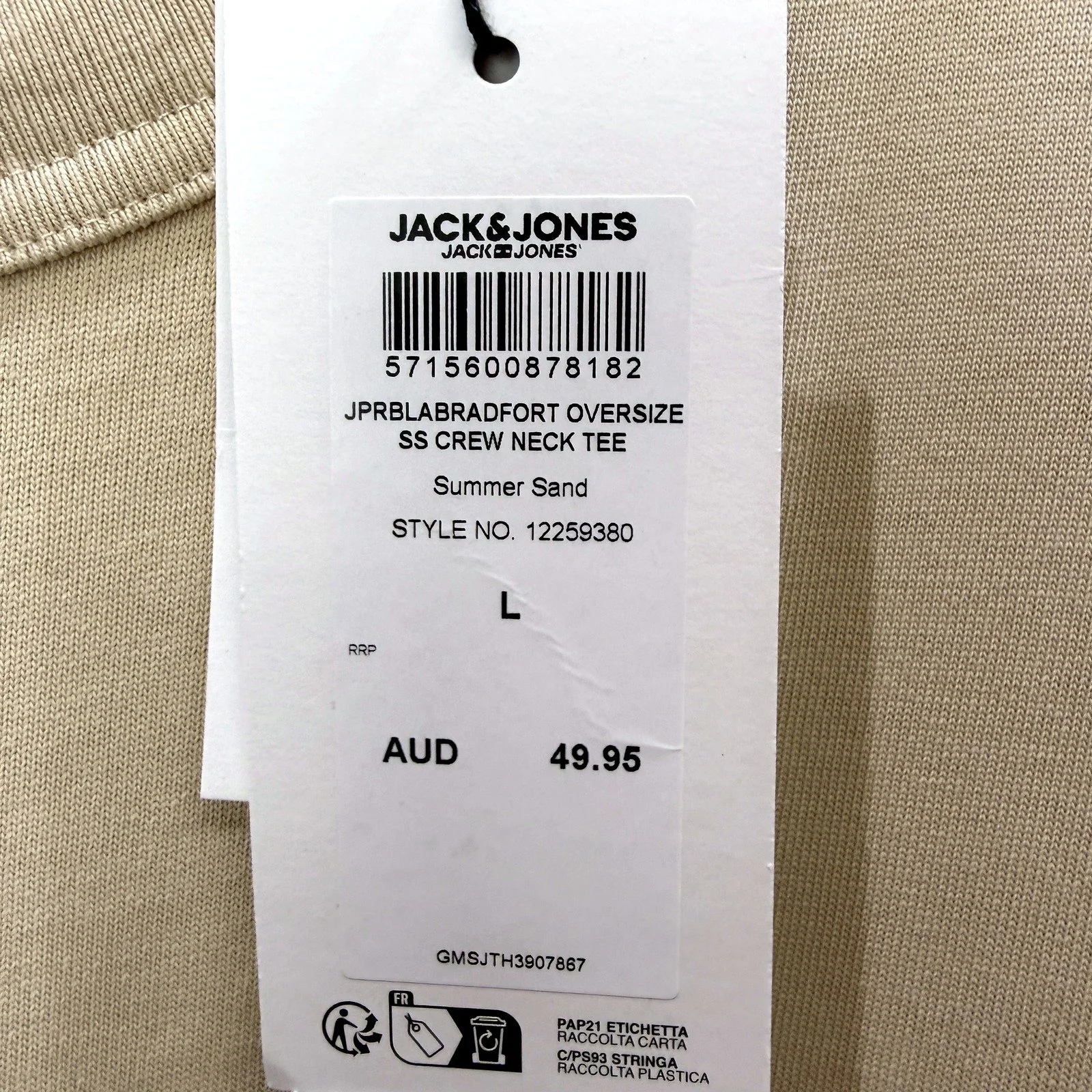 Jack & Jones Mens Oversized Crew Neck T-Shirt Cotton Summer Sand Size L NEW - Image 4