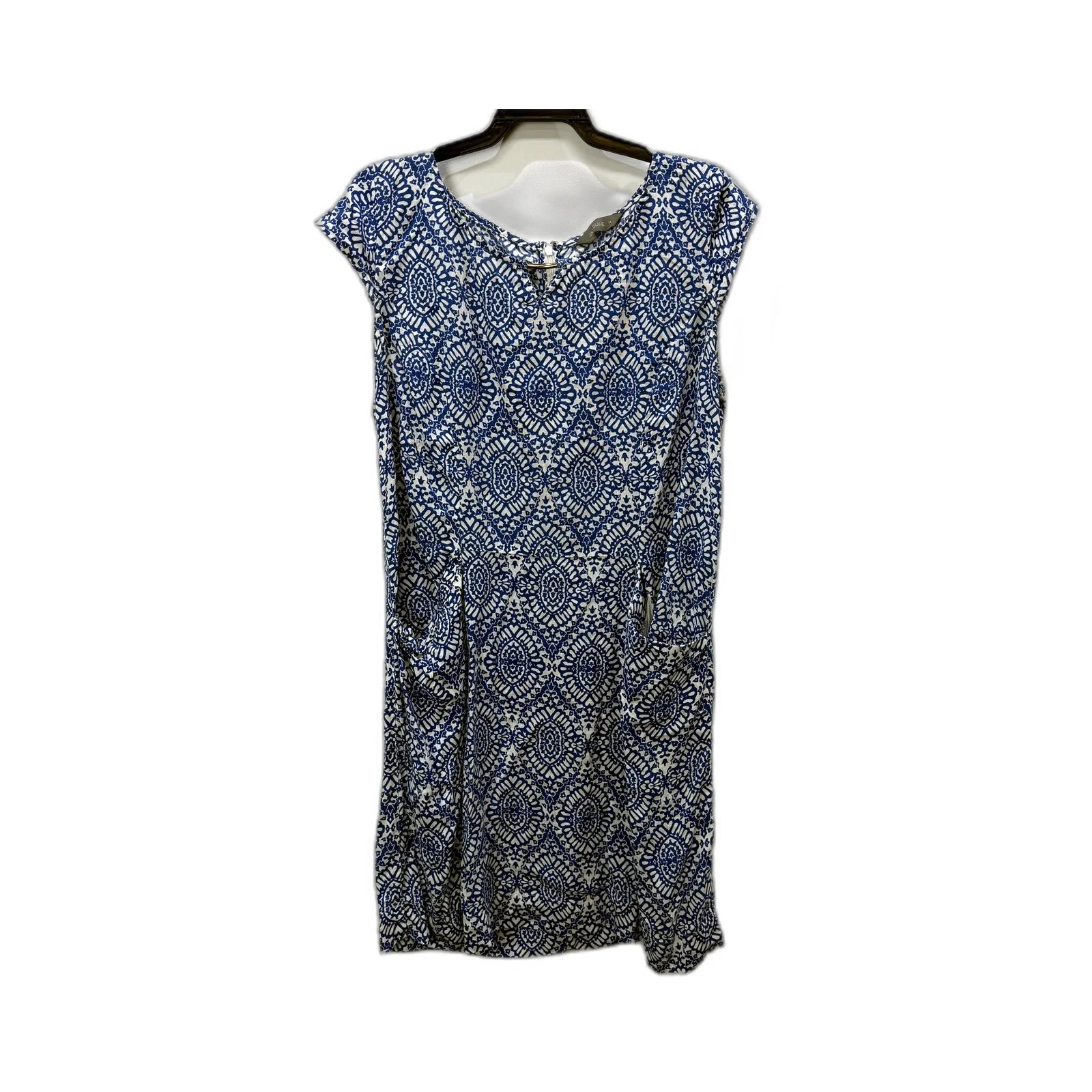 Jacquie Womens Floral Linen Summer Dress in Blue and White Sz 14