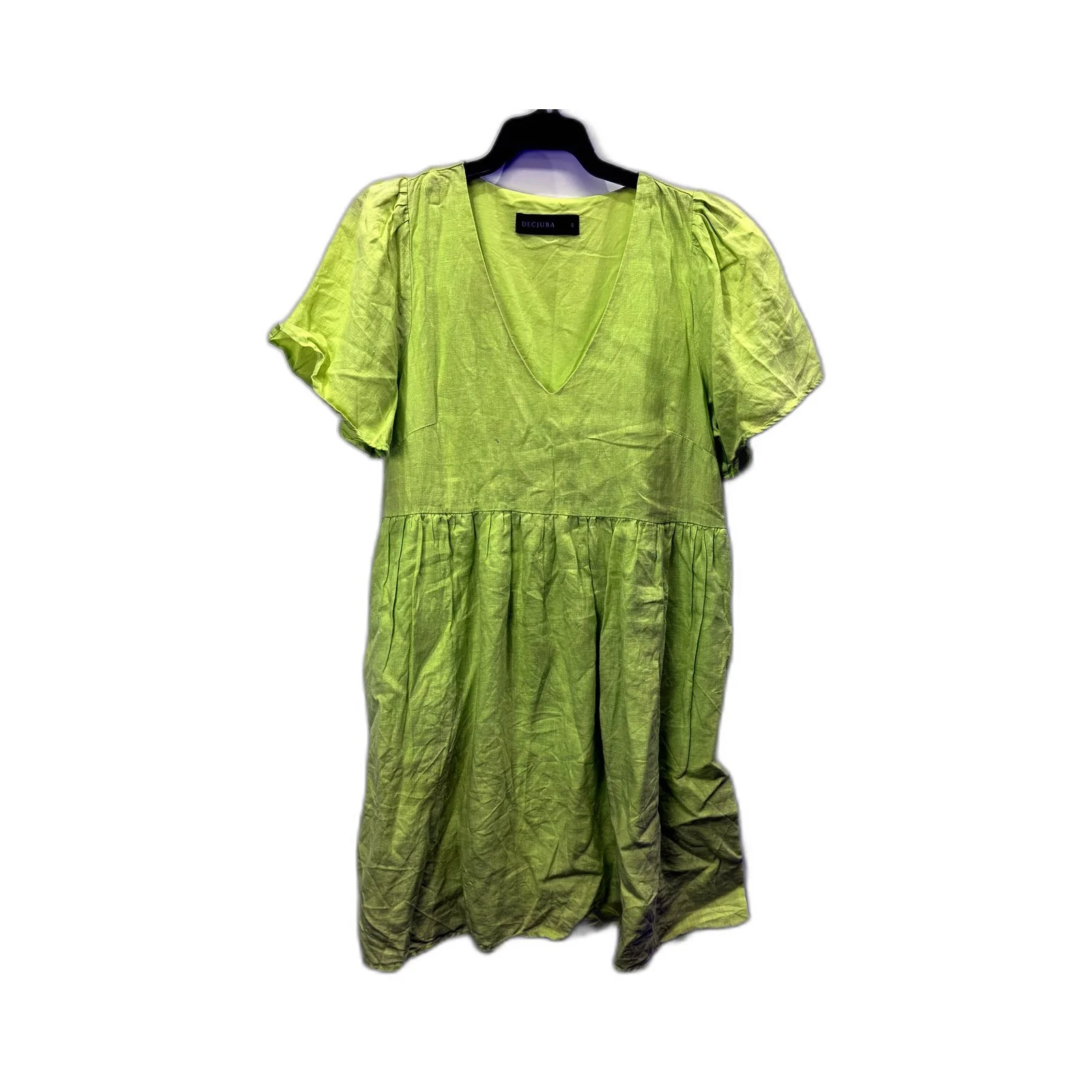 Decjuba Womens Puff Sleeve Ruffled Linen Dress in Lime Green, Size S