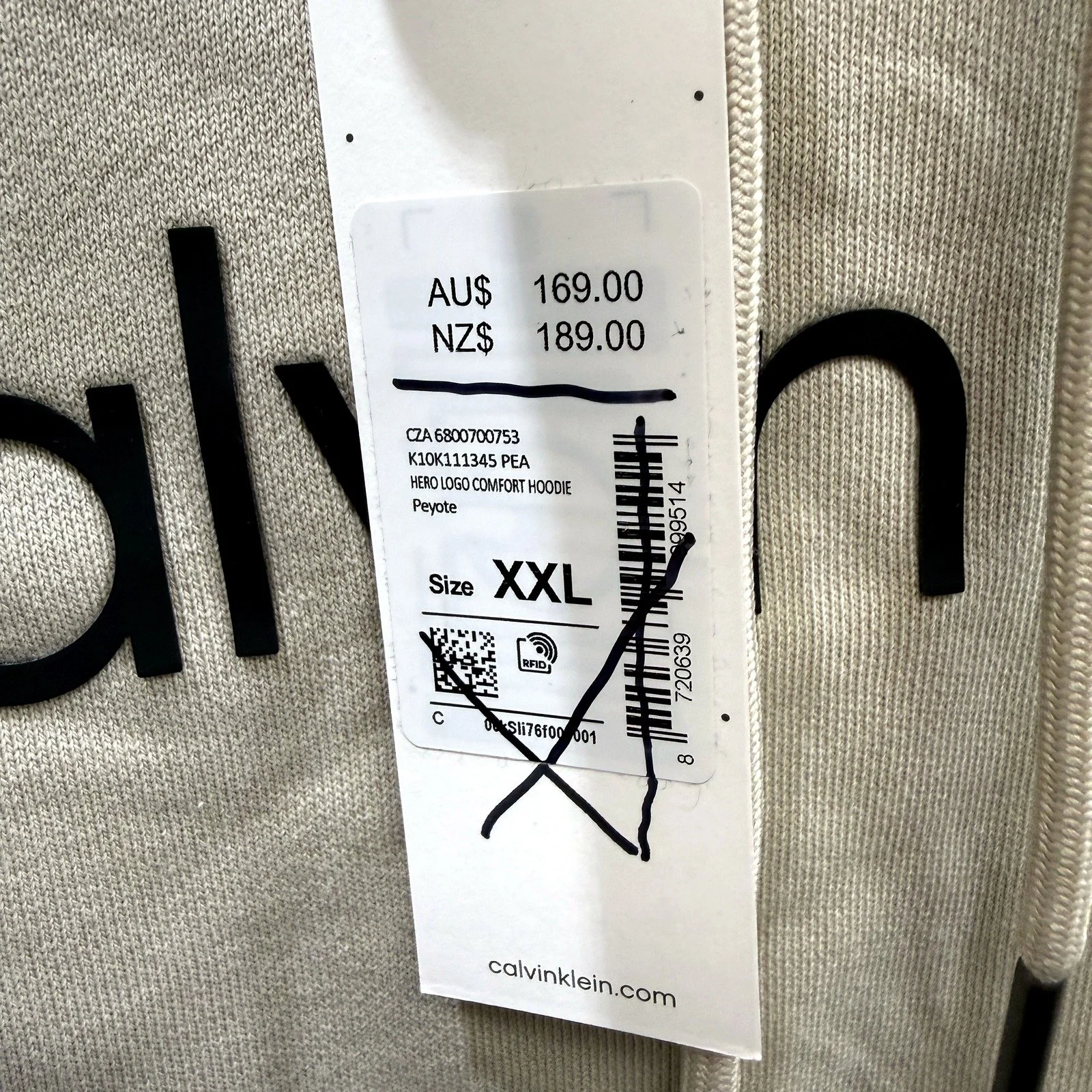 Calvin Klein Mens Comfort Pullover Hoodie in Beige, Size XXL NEW - Image 4